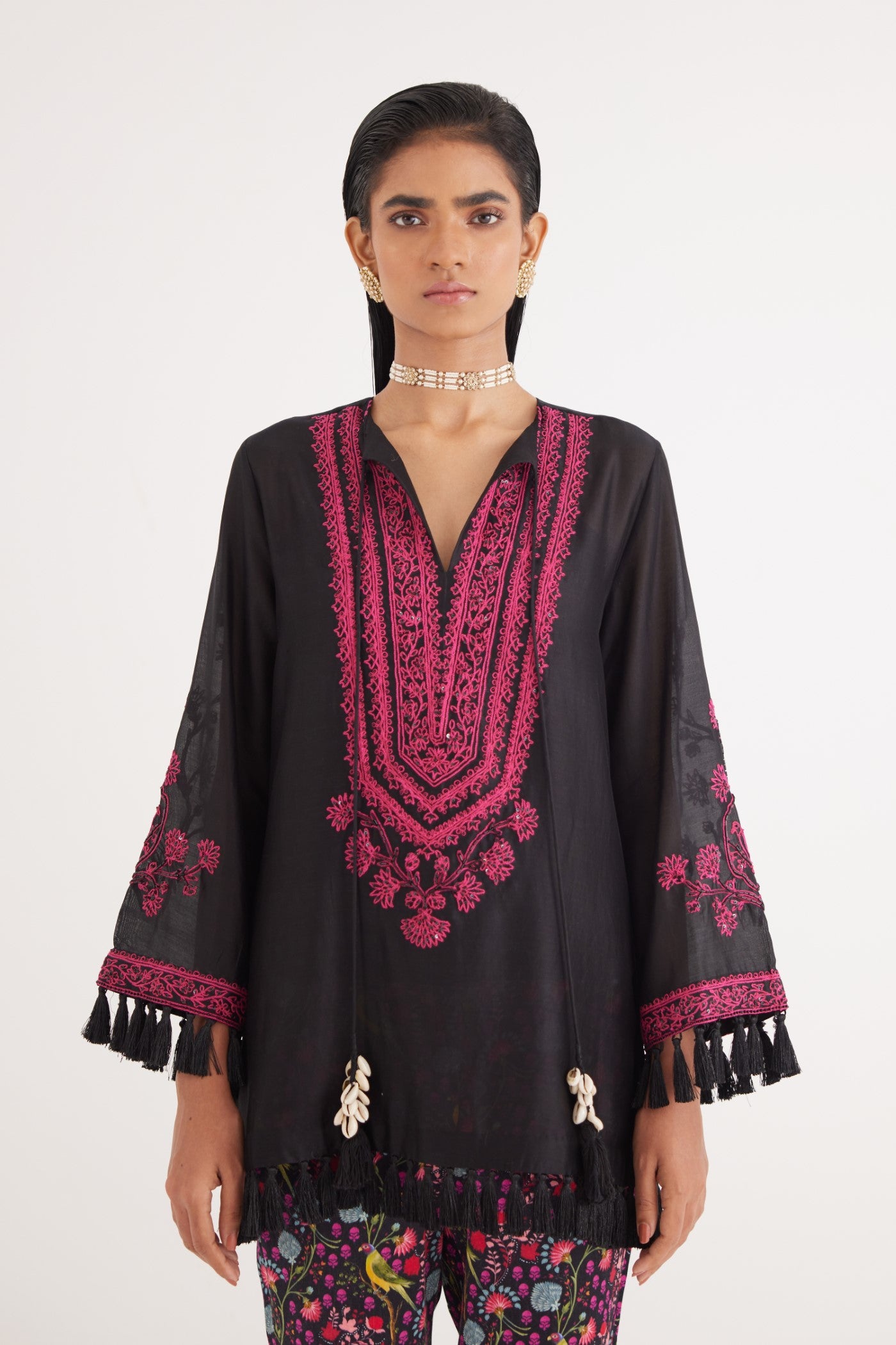 Black Silk Chanderi Embroidered kurta