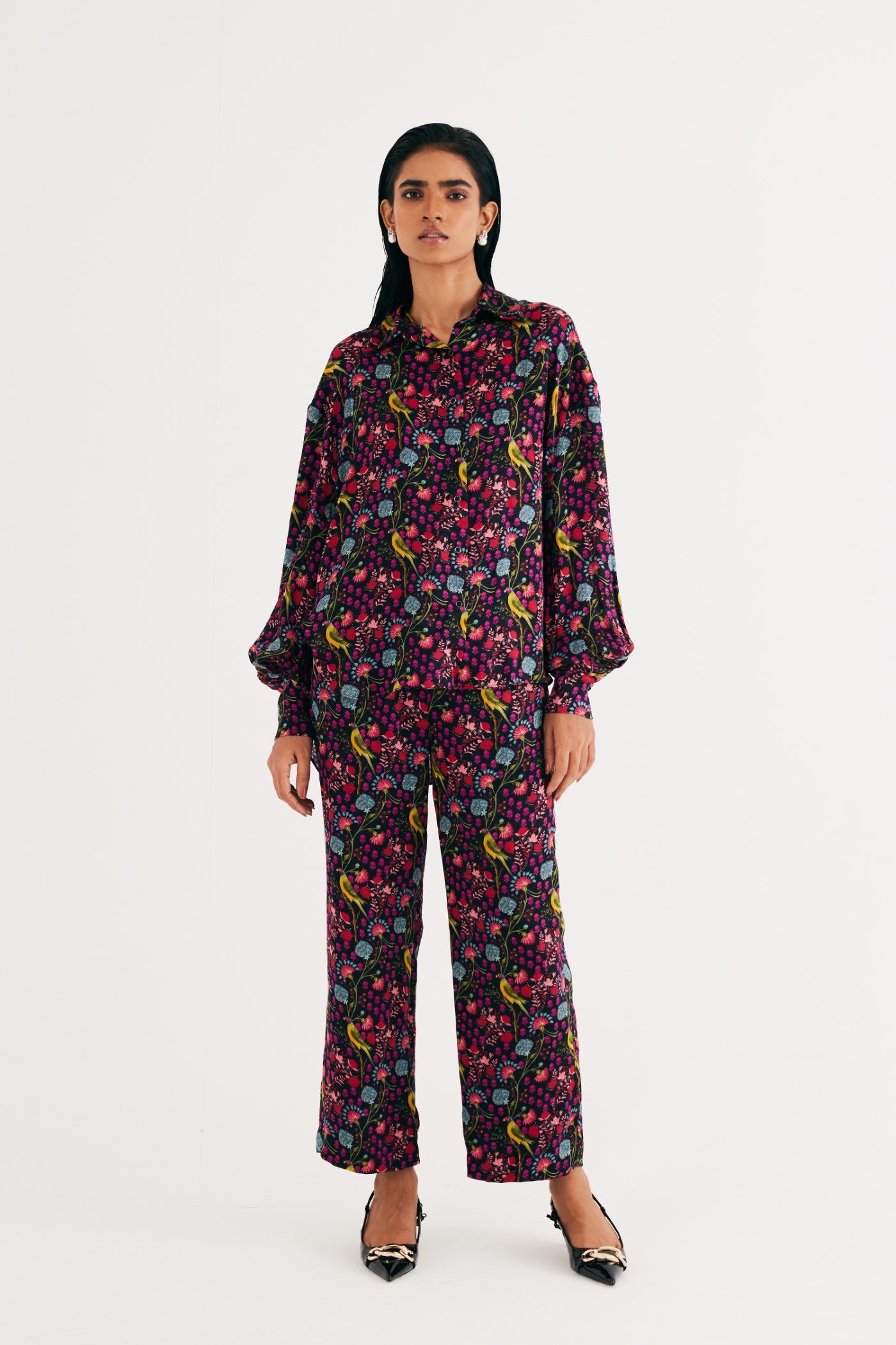 Black Parrot Print Satin Silk Straight Pants