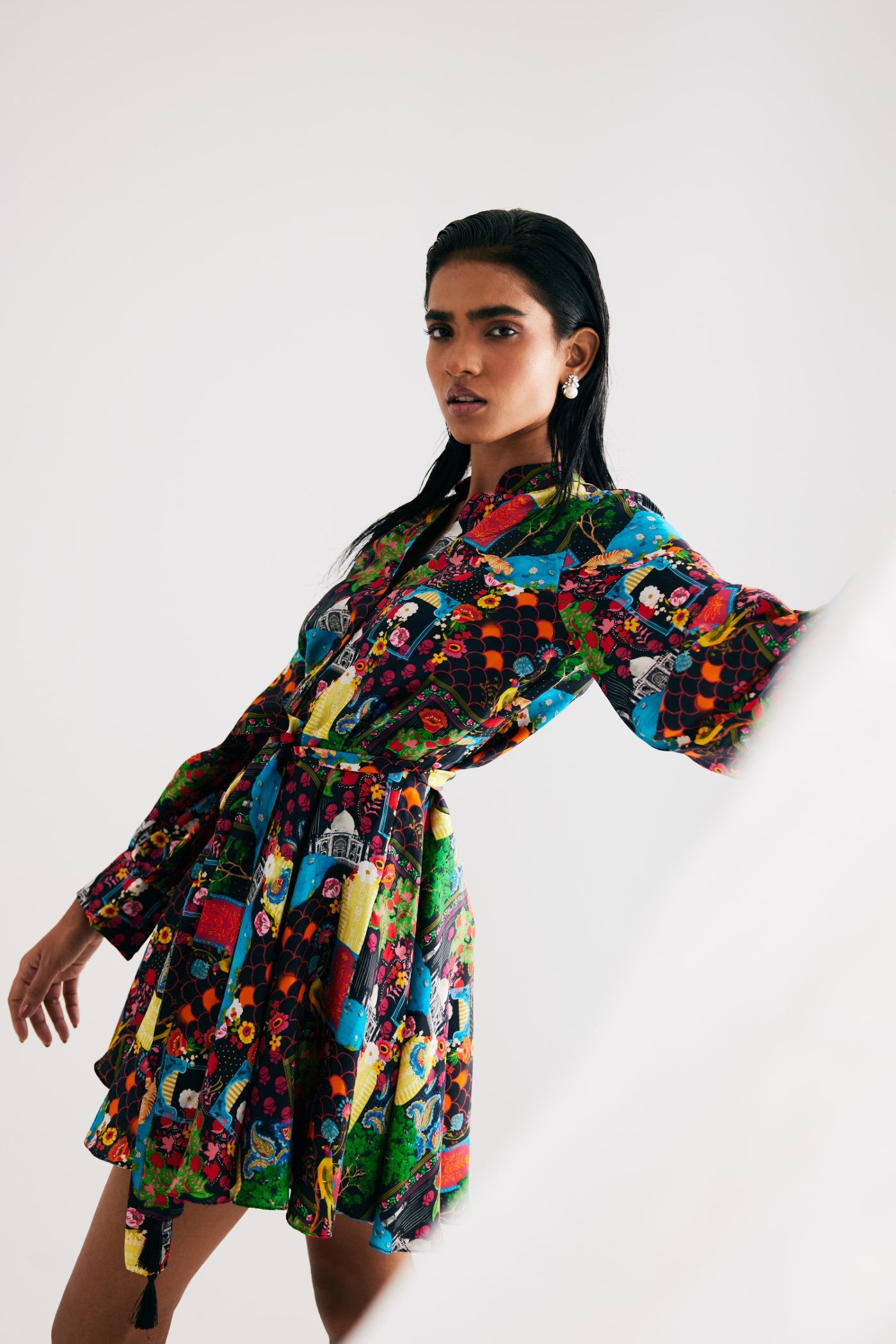 Black India Print Satin Silk Short Dress