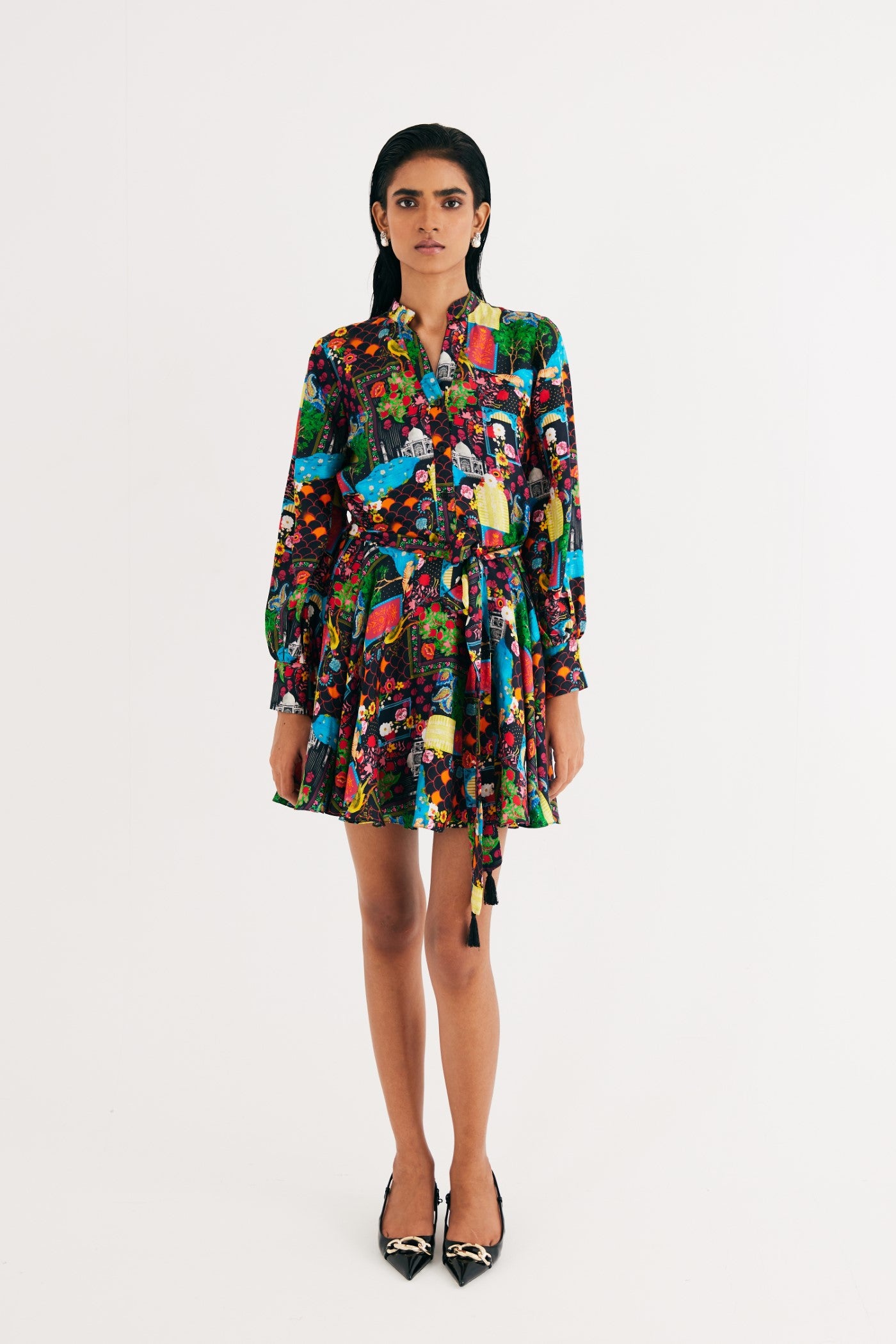 Black India Print Satin Silk Short Dress
