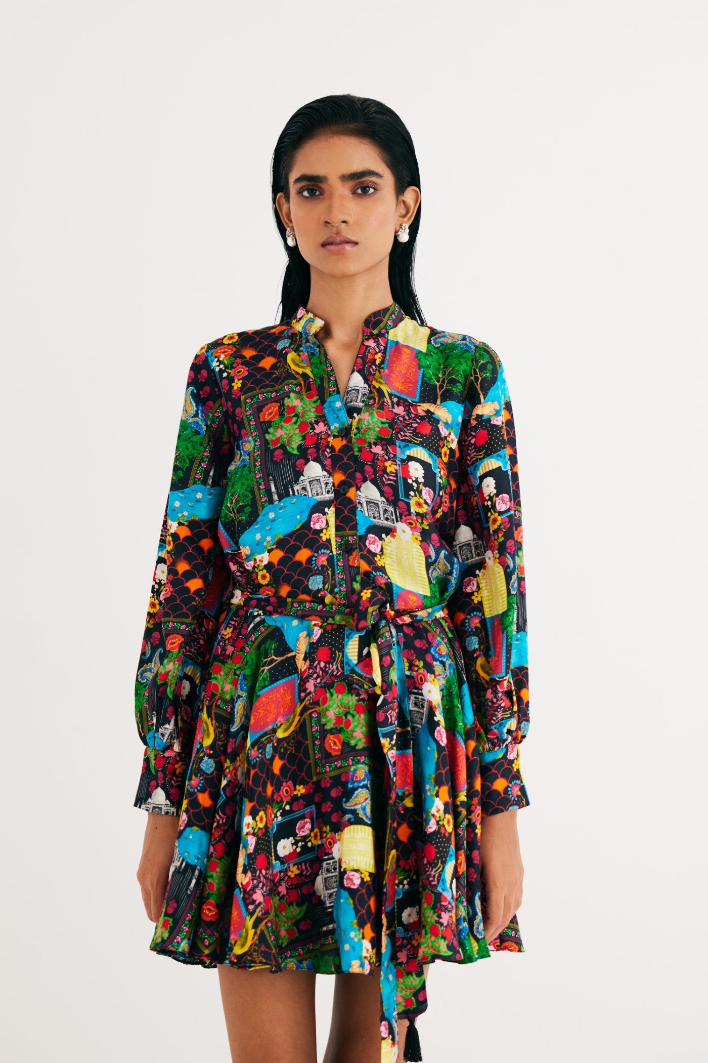 Black India Print Satin Silk Short Dress