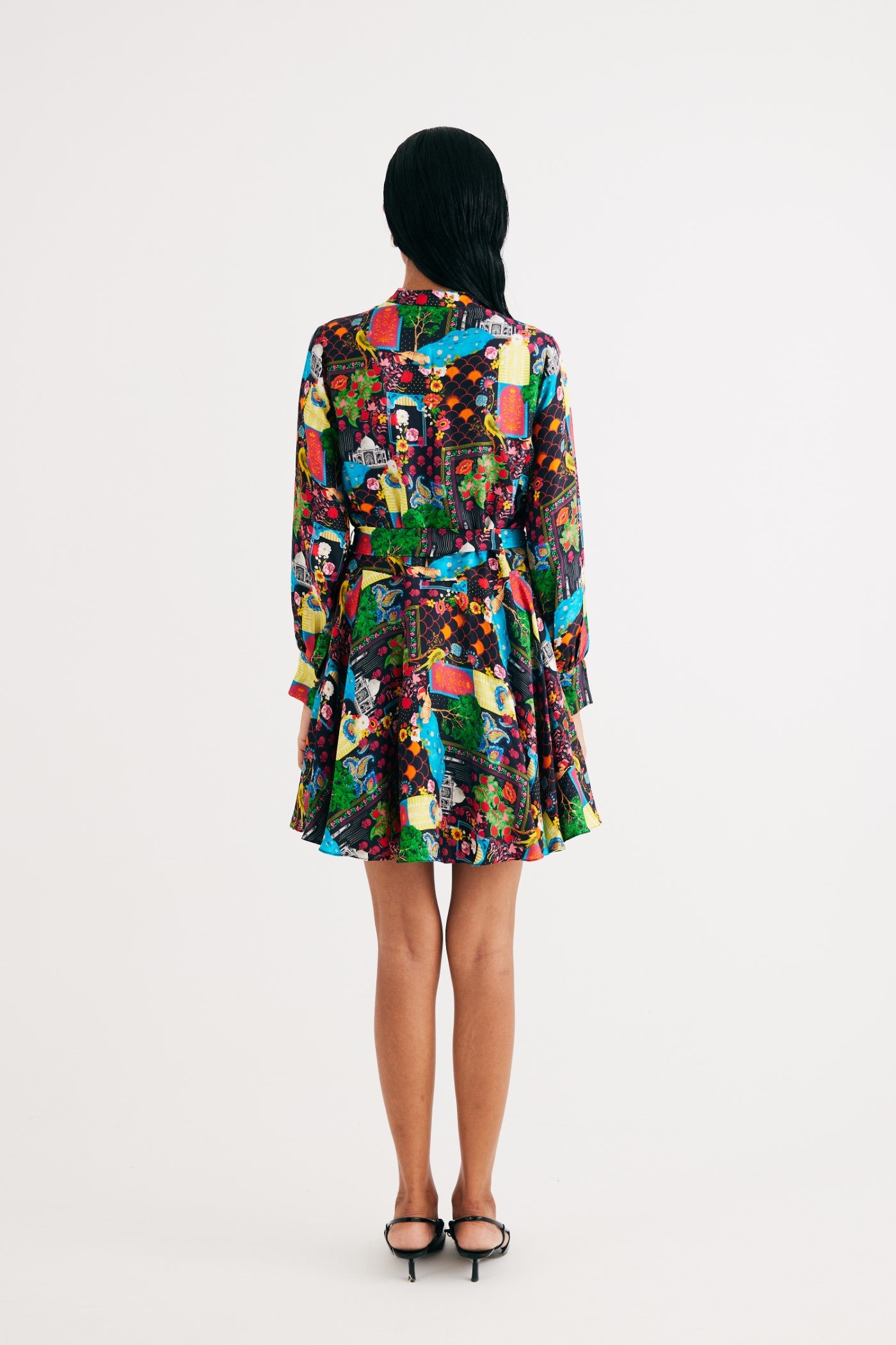 Black India Print Satin Silk Short Dress