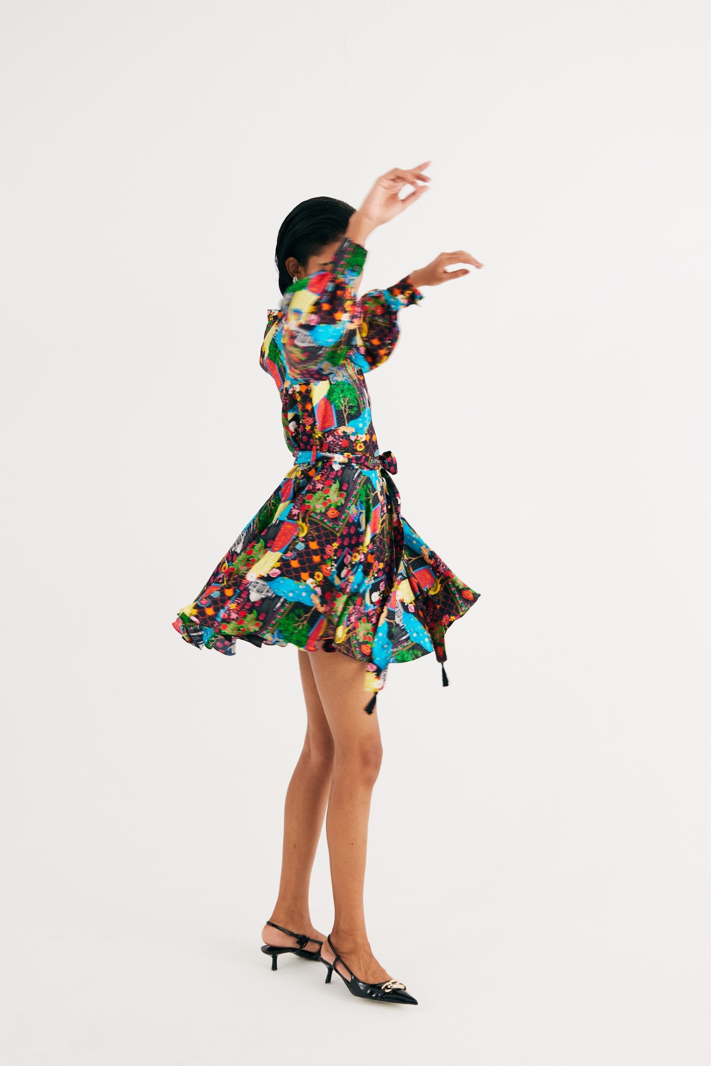 Black India Print Satin Silk Short Dress