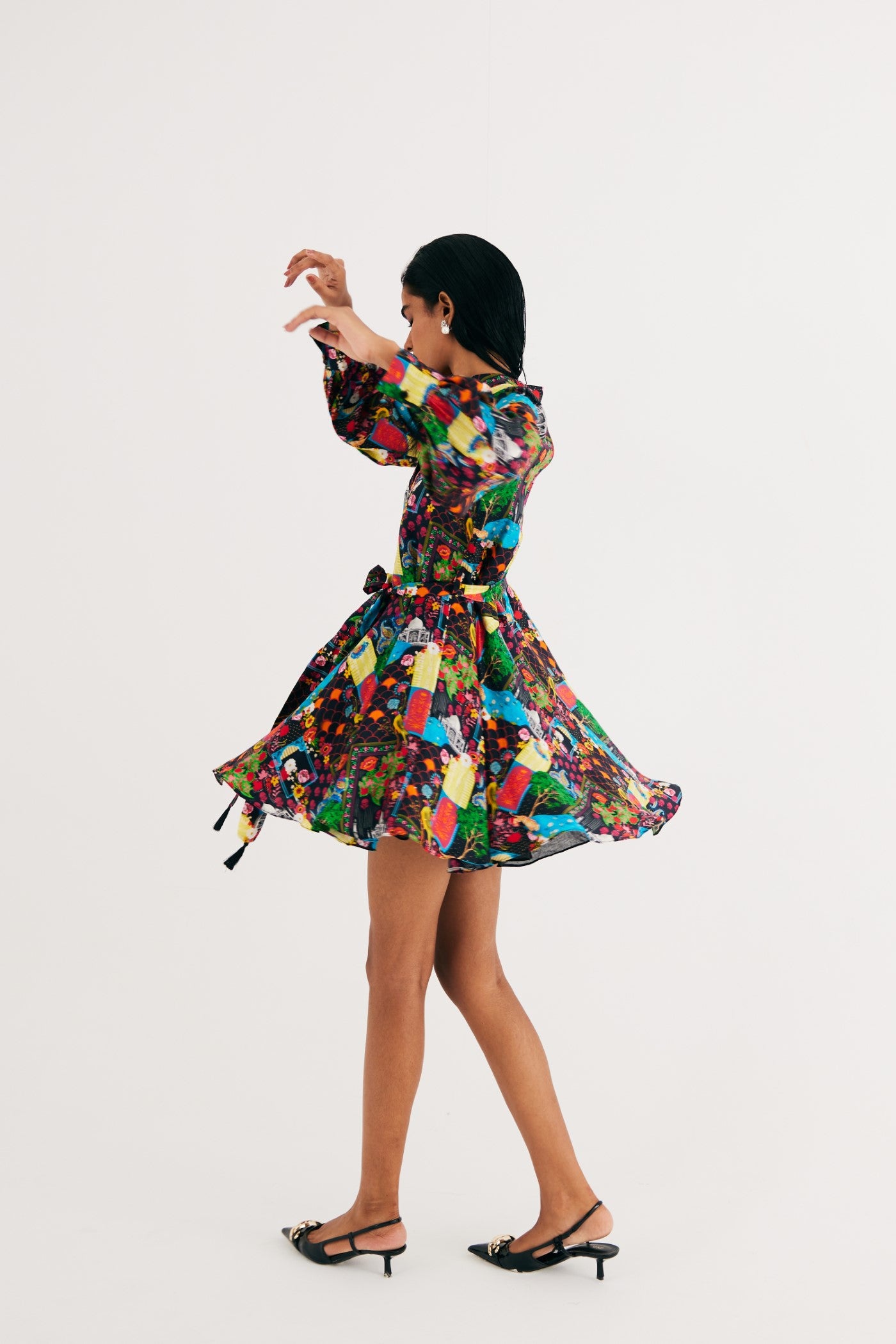 Black India Print Satin Silk Short Dress