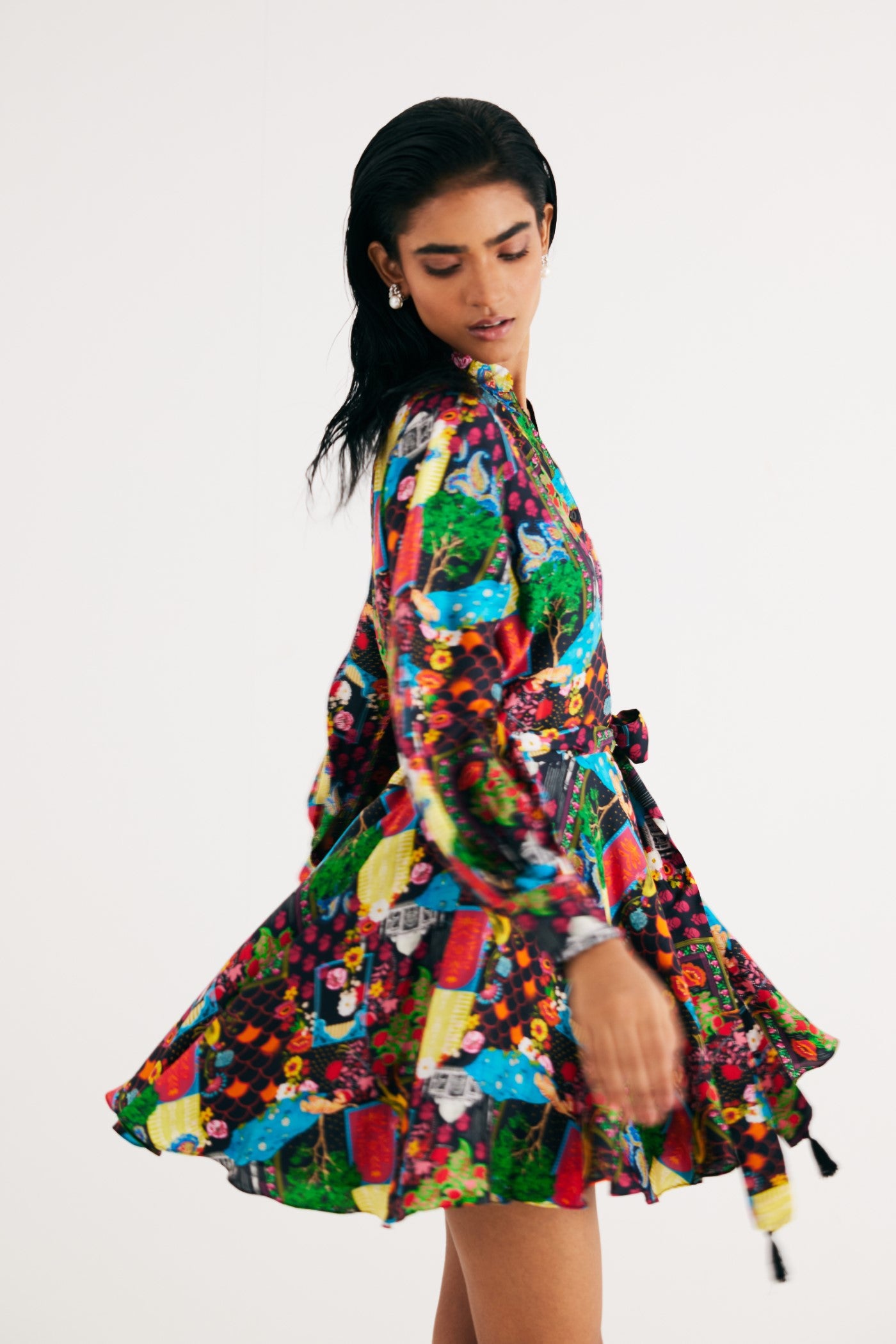 Black India Print Satin Silk Short Dress