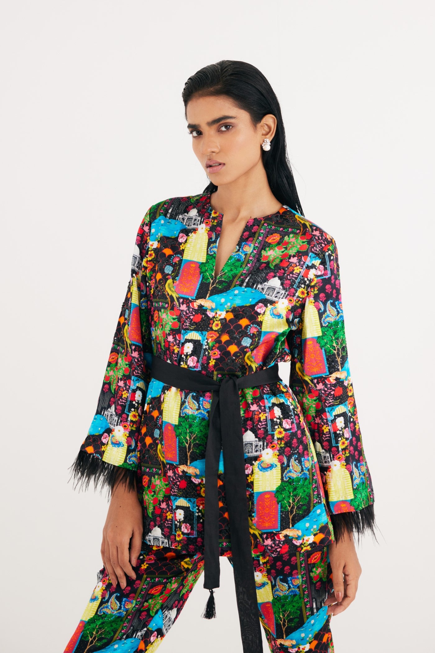 Black India Print Hand Embroidered kurta