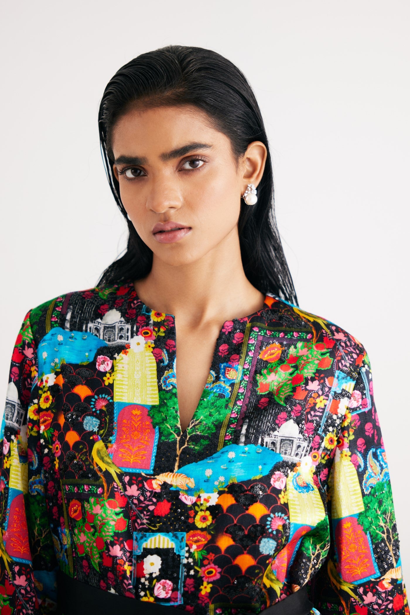 Black India Print Hand Embroidered kurta