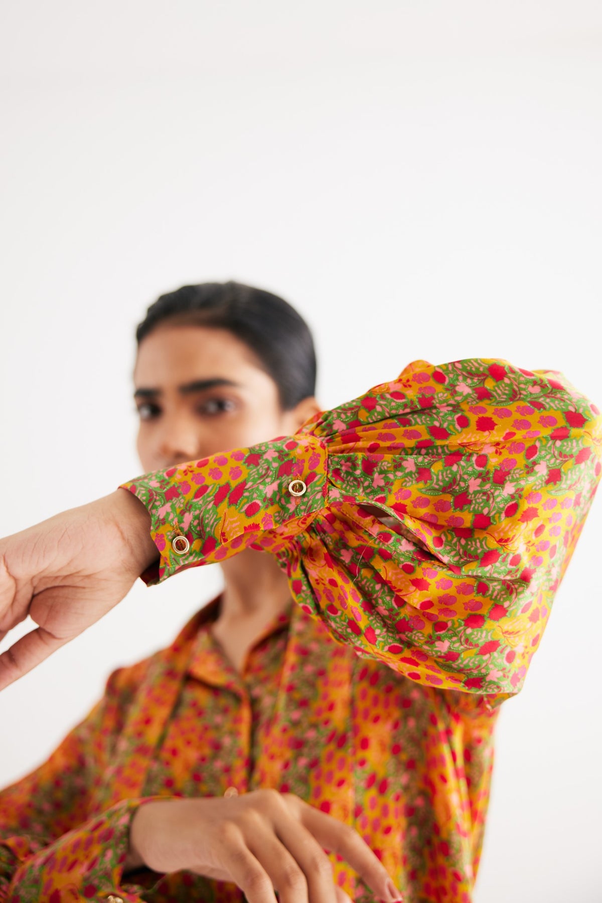 Indian Yellow Satin Silk Printed Shirt and Straight Pants, Indian Yellow Floral Print Satin Silk Straight Pants, Manderian collar style with extended tieup, BeTrue, Be True