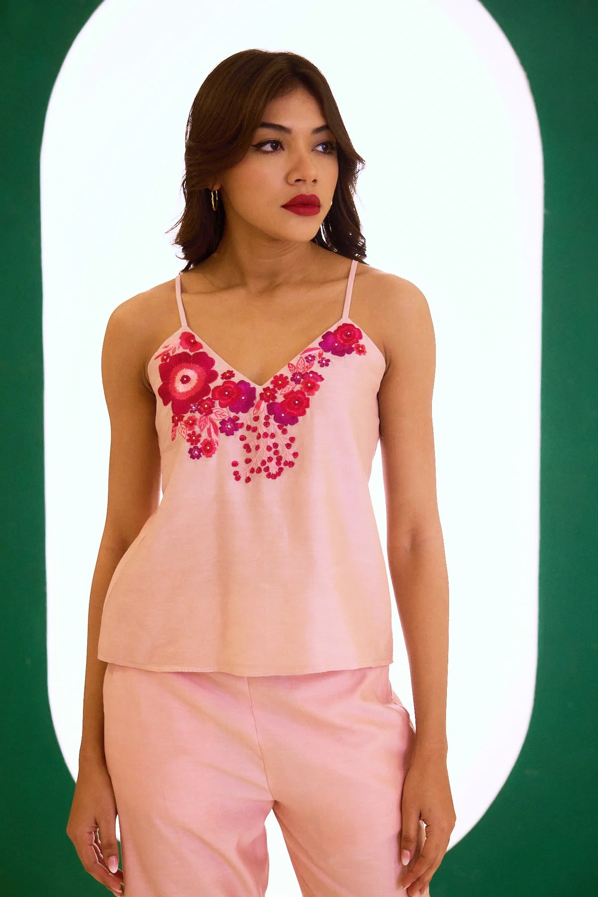 Peach Chanderi Embroidered Cape Set