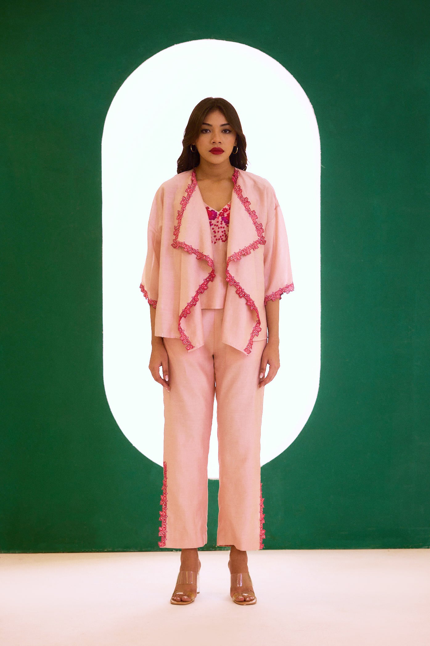Peach Chanderi Embroidered Cape Set