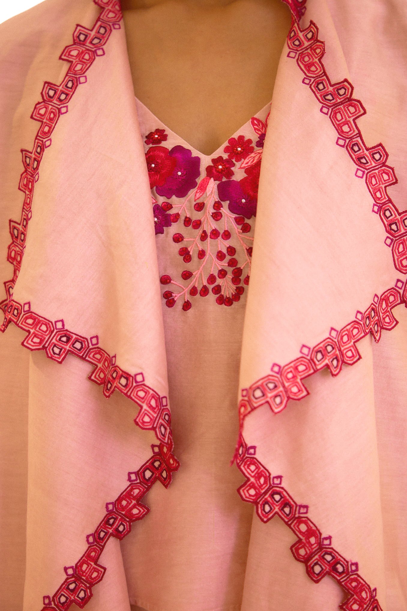 Peach Chanderi Embroidered Cape Set