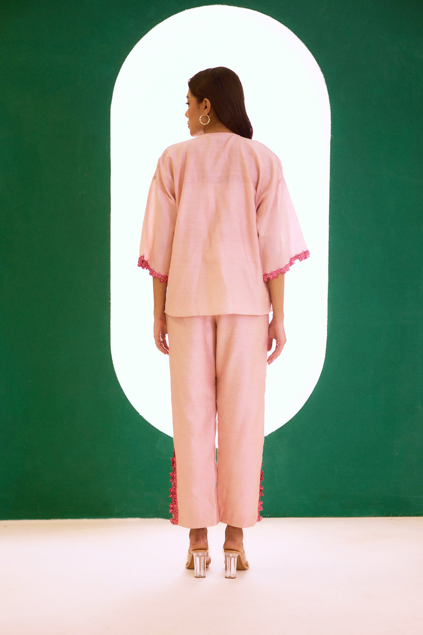 Peach Chanderi Embroidered Cape Set