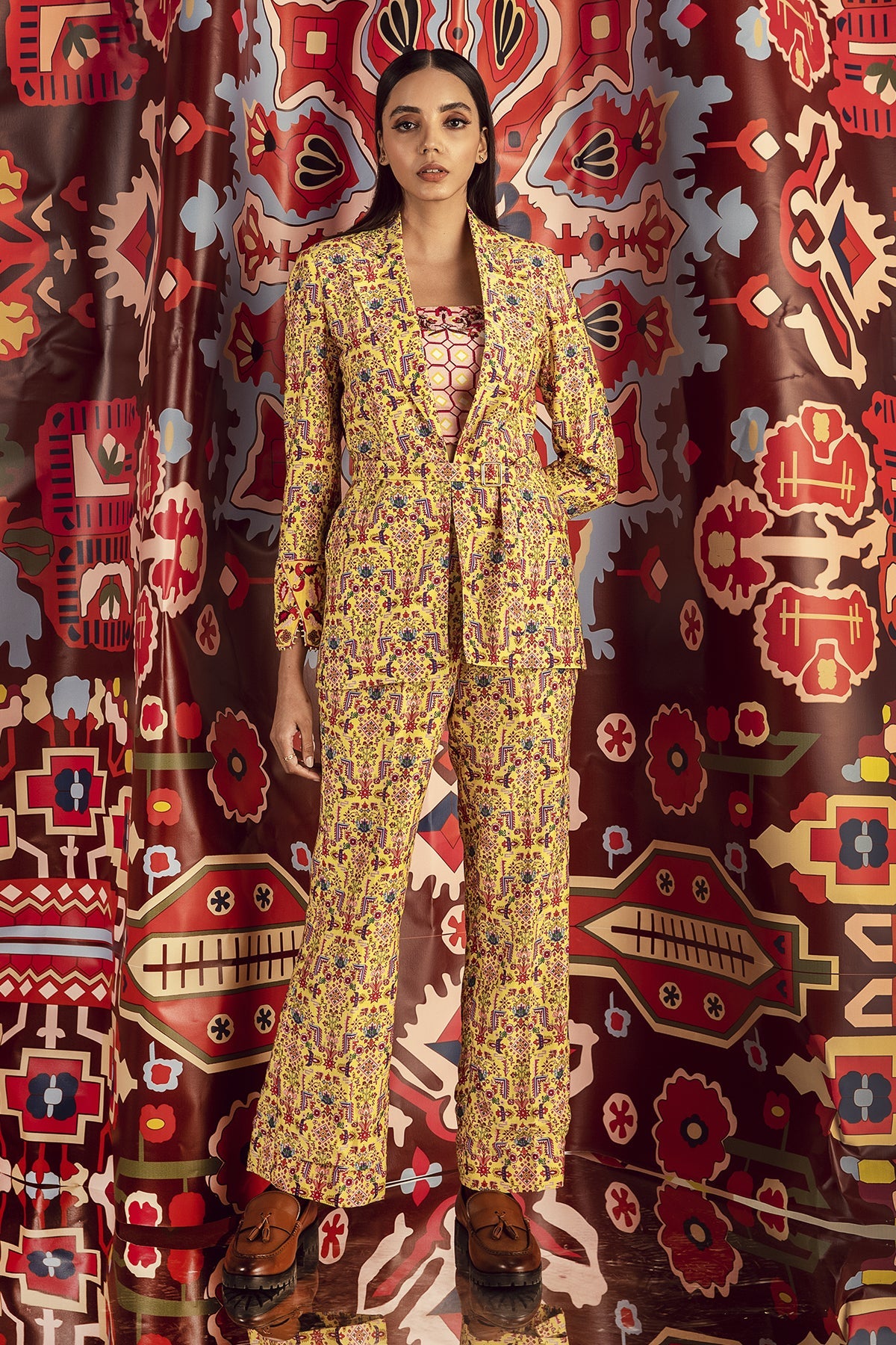 Tabriz Yellow Hand Embroidered Nori Blazer & Pants in Handloom Organic Cotton Silk, BeTrue, Be True