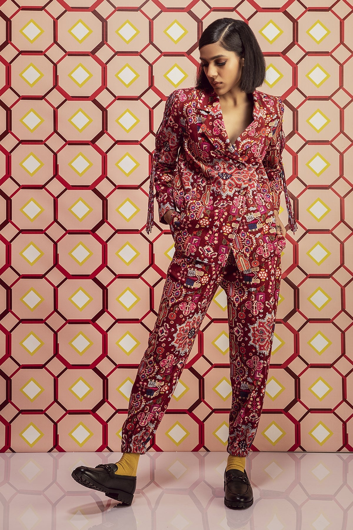 Kashan Red Print Jacket & Joggers in Handloom Organic Herringbone Cotton, handloom organic herringbone cotton lined with soft mulmul, BeTrue, Be True