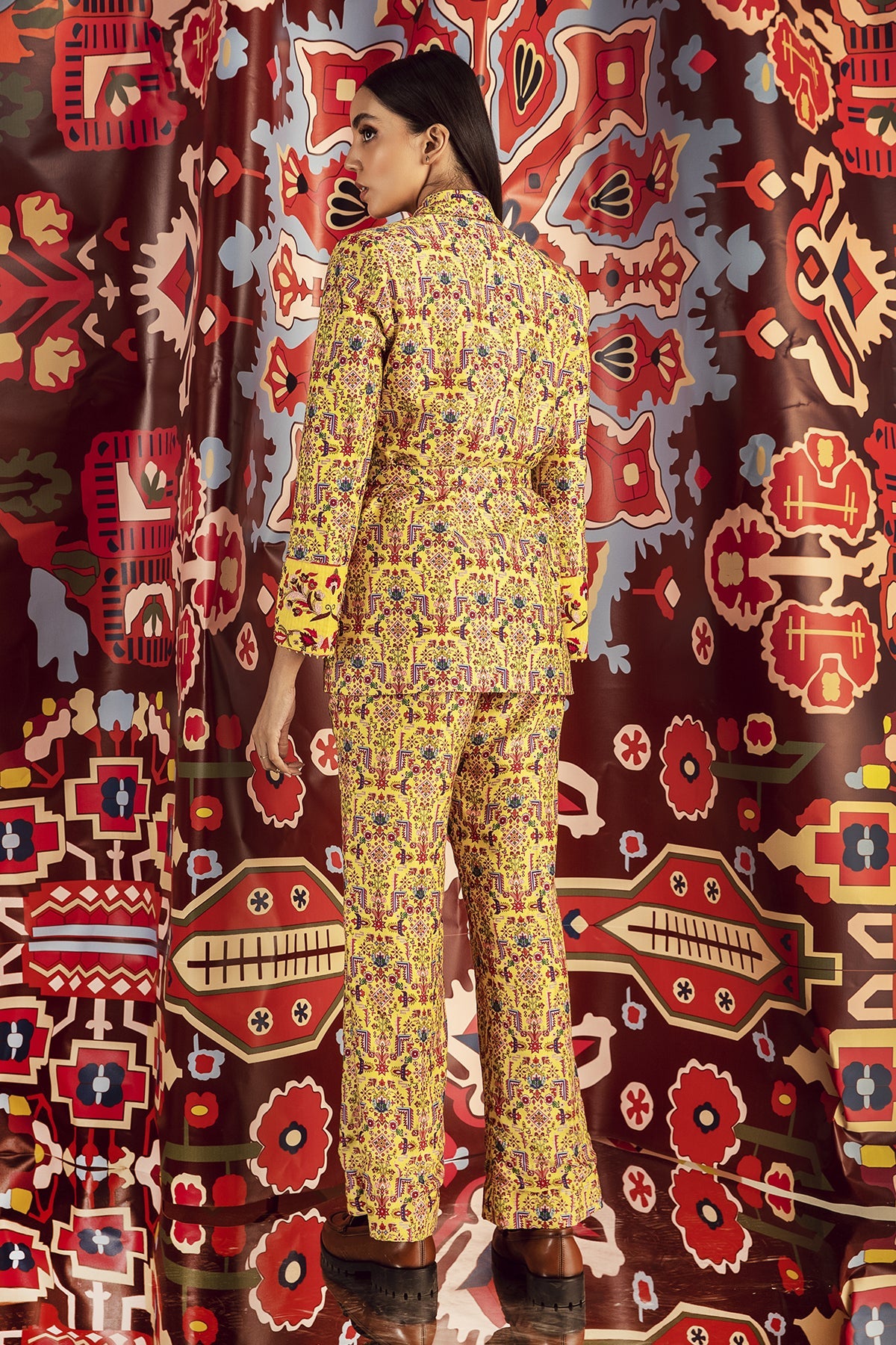 Tabriz Yellow Hand Embroidered Nori Blazer & Pants in Handloom Organic Cotton Silk, BeTrue, Be True