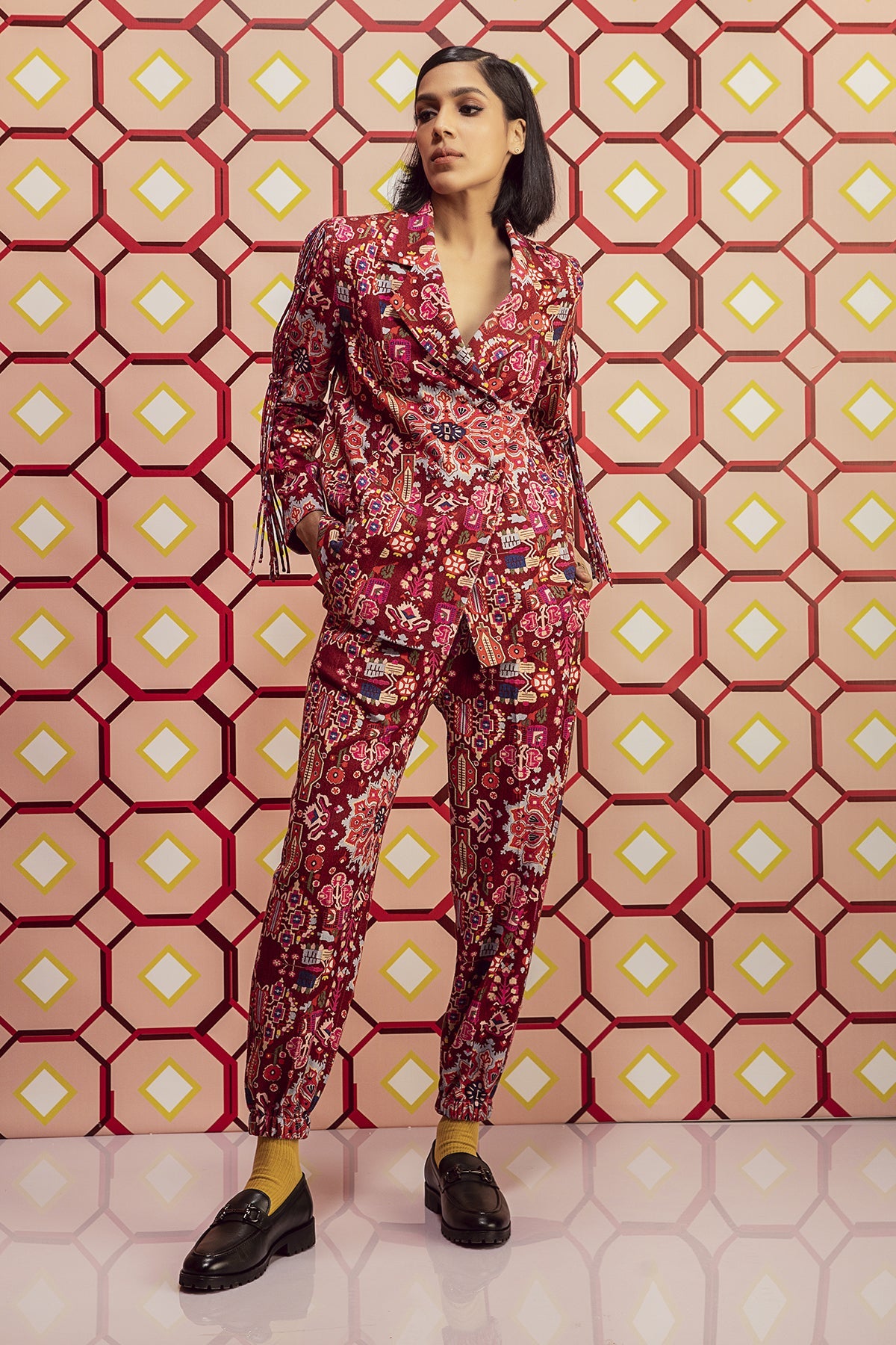 Kashan Red Print Jacket & Joggers in Handloom Organic Herringbone Cotton, handloom organic herringbone cotton lined with soft mulmul, BeTrue, Be True