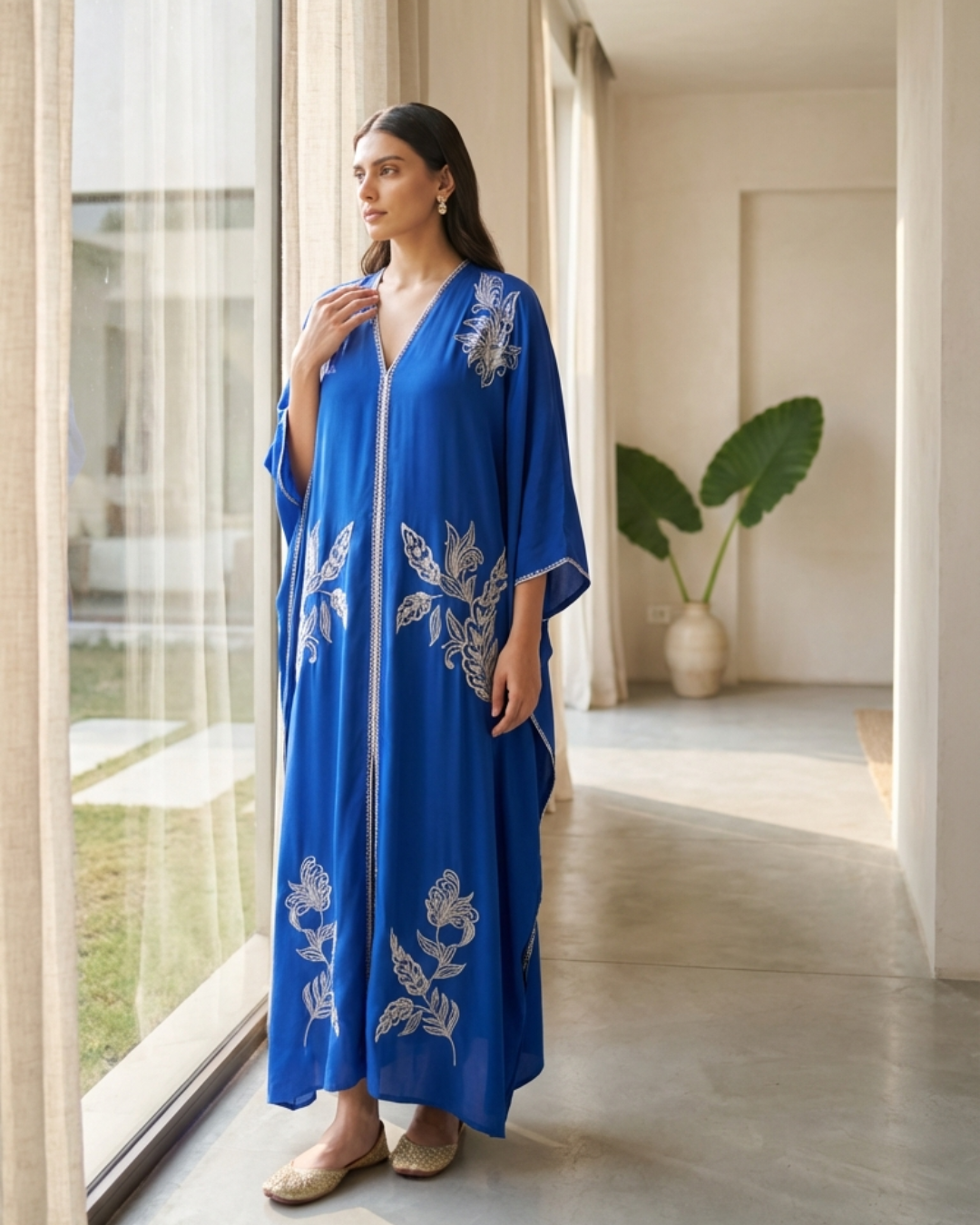Silk hand emroidered cape sleeve dress