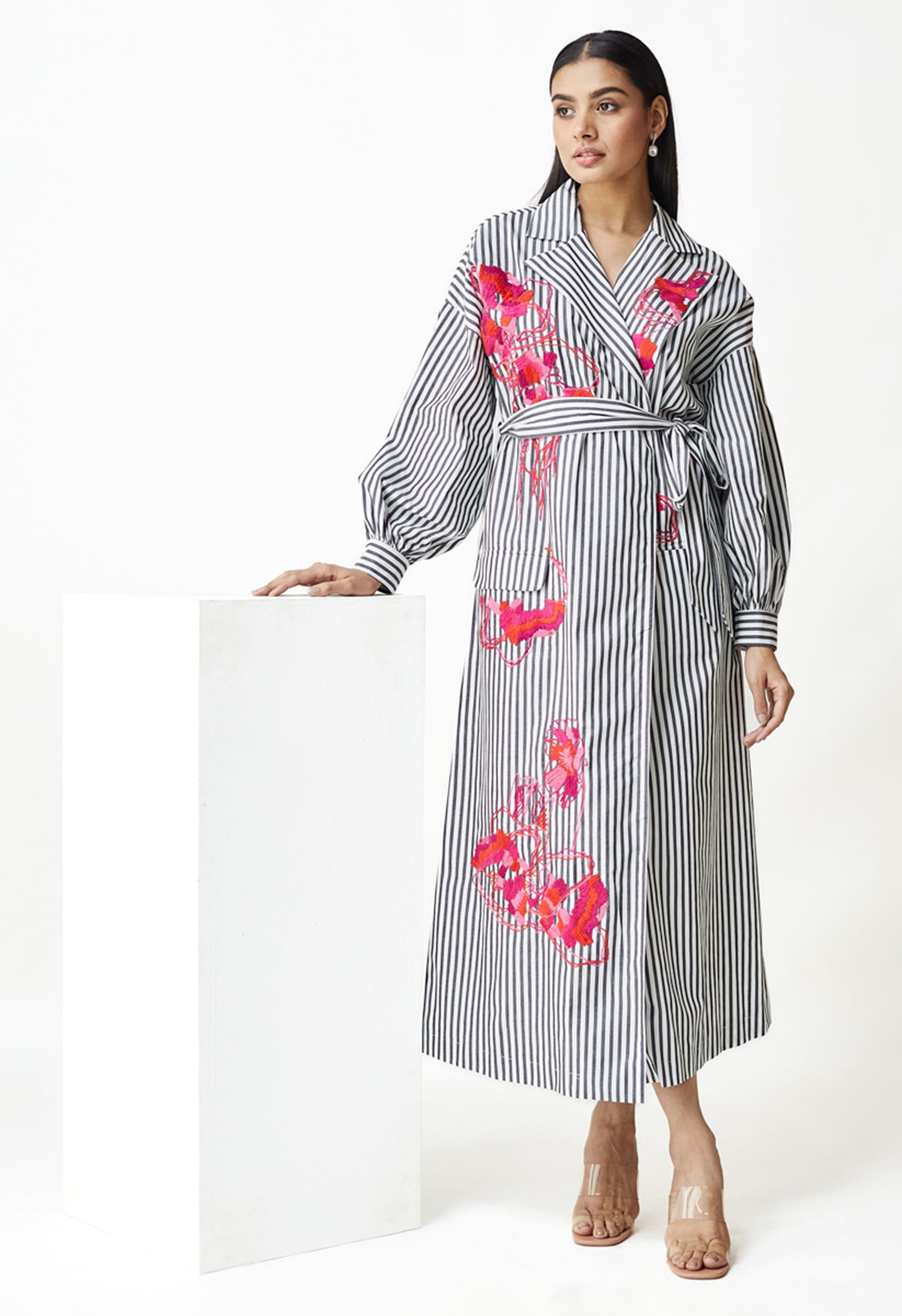 White & Black Stripe Embroidered Dress