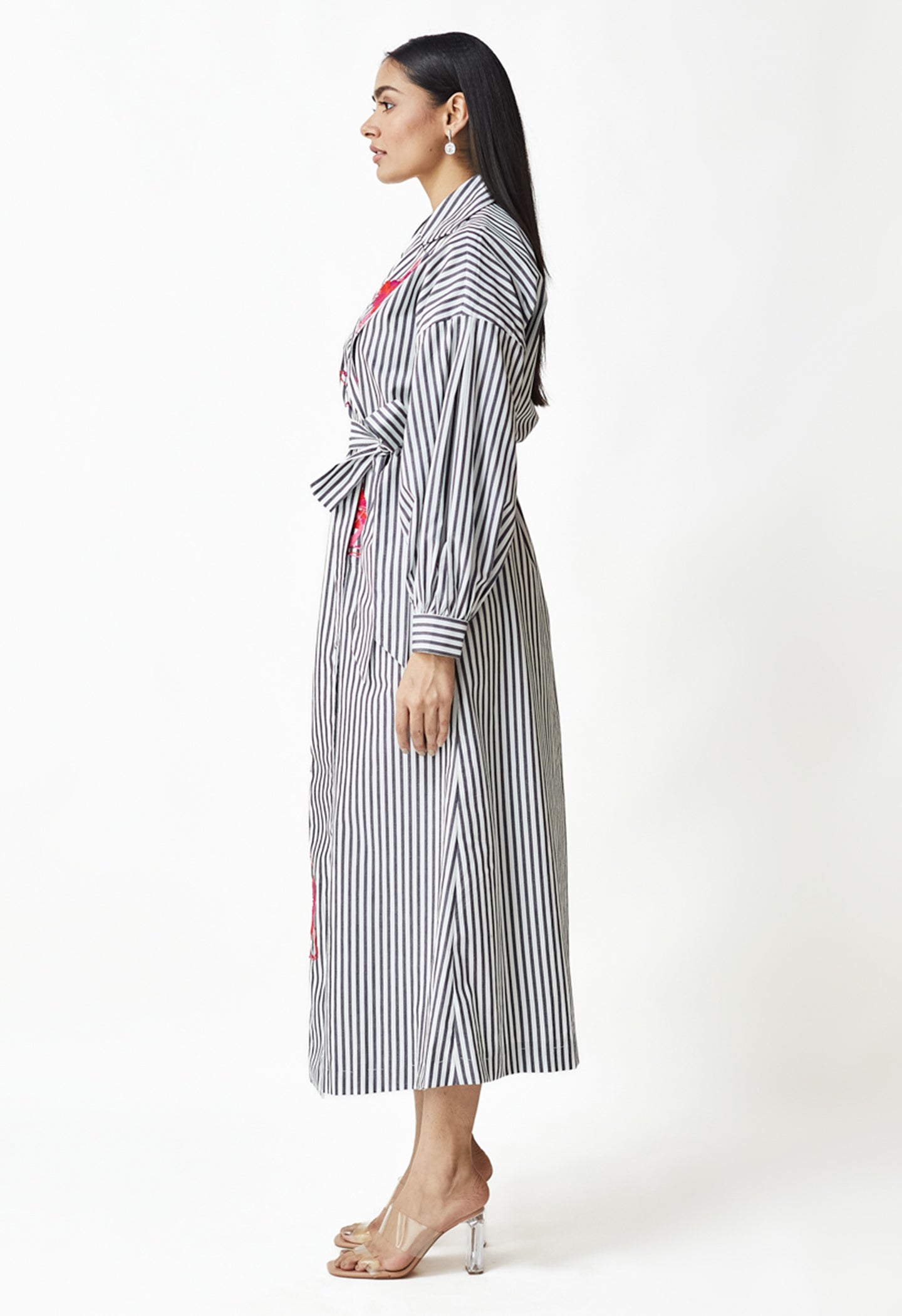 White & Black Stripe Embroidered Dress