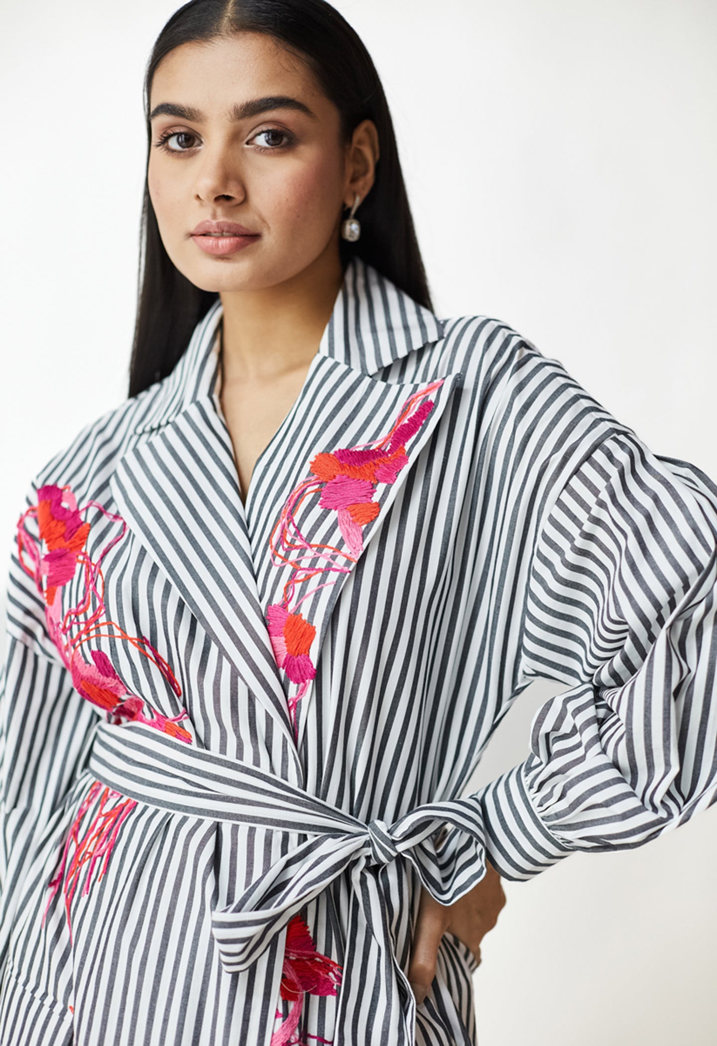White & Black Stripe Embroidered Dress