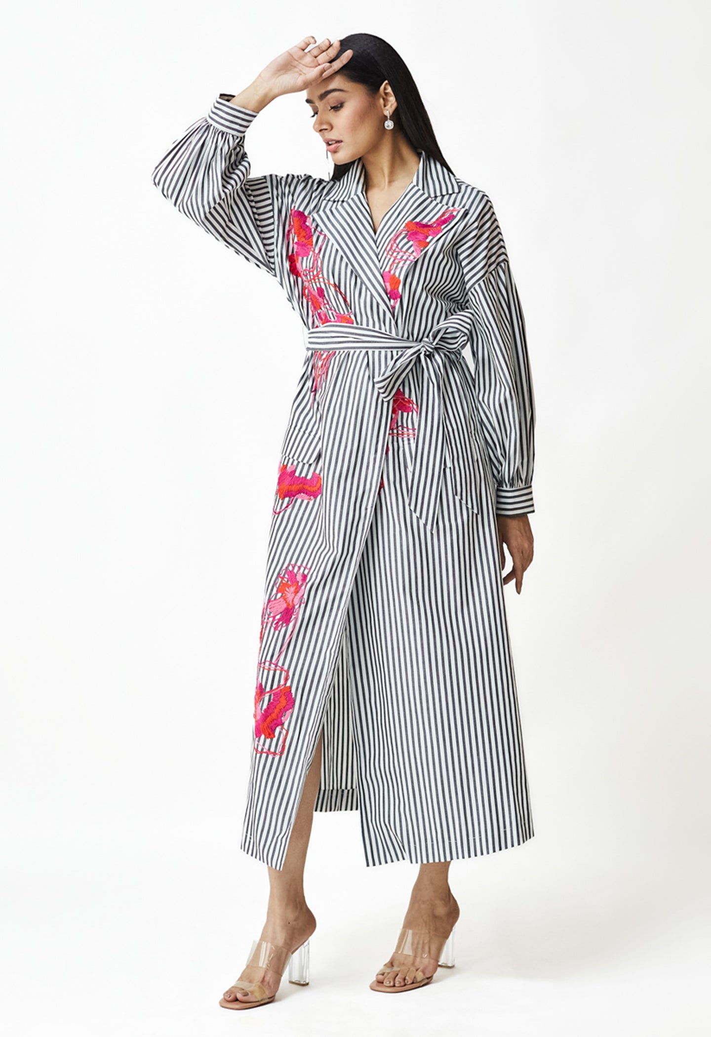 White & Black Stripe Embroidered Dress