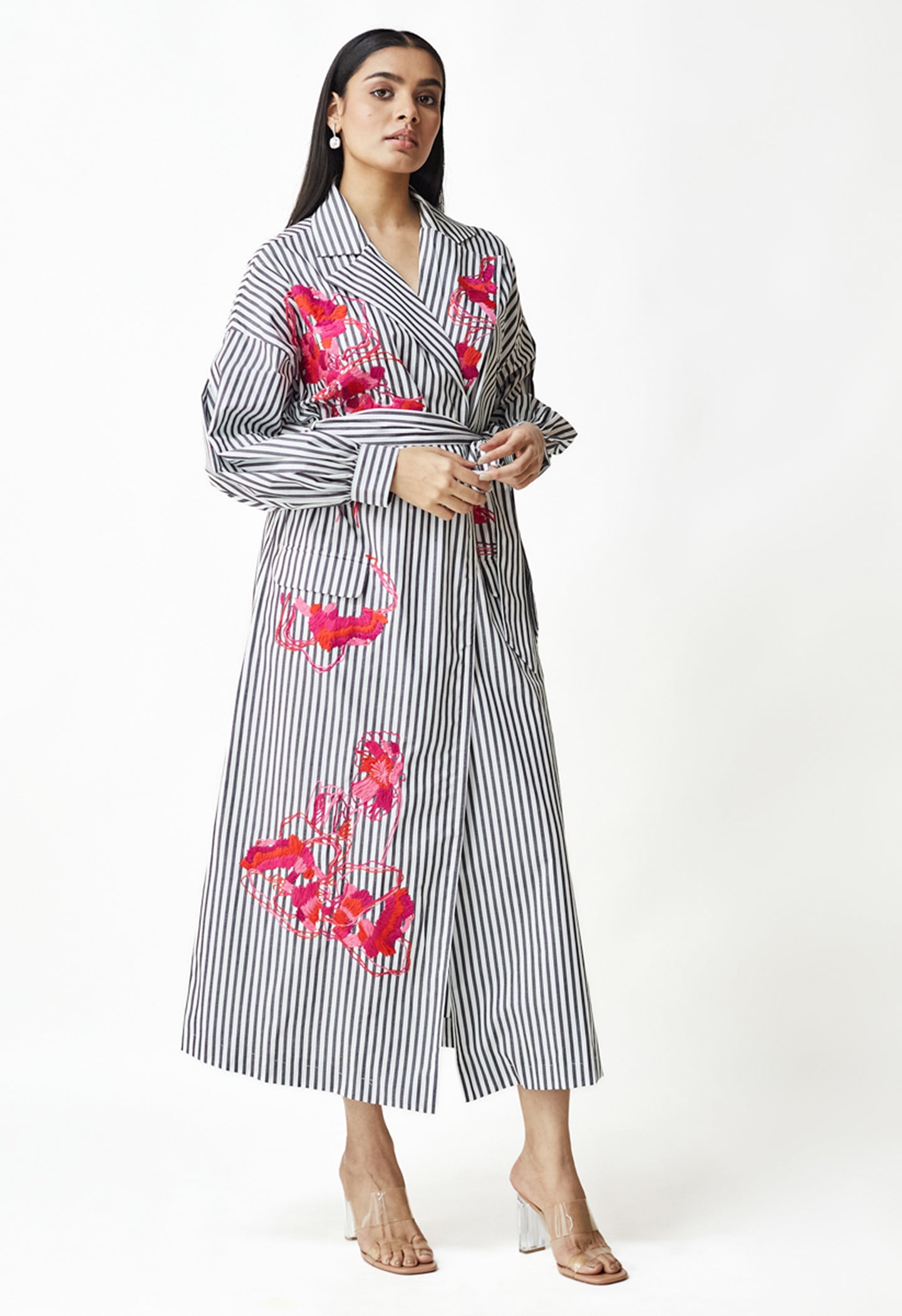 White & Black Stripe Embroidered Dress