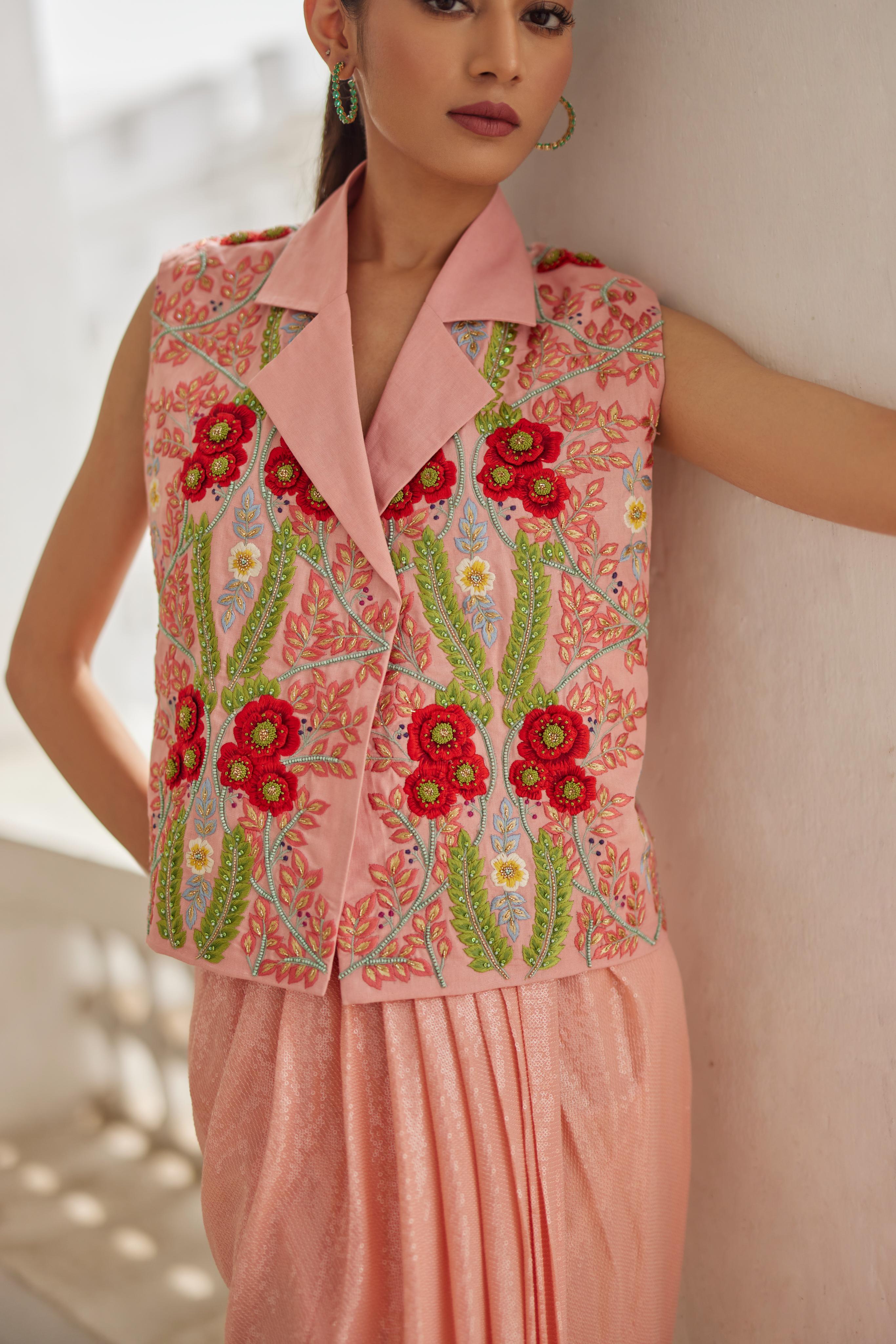 Peach Sequins Skirt & Waistcoat Set