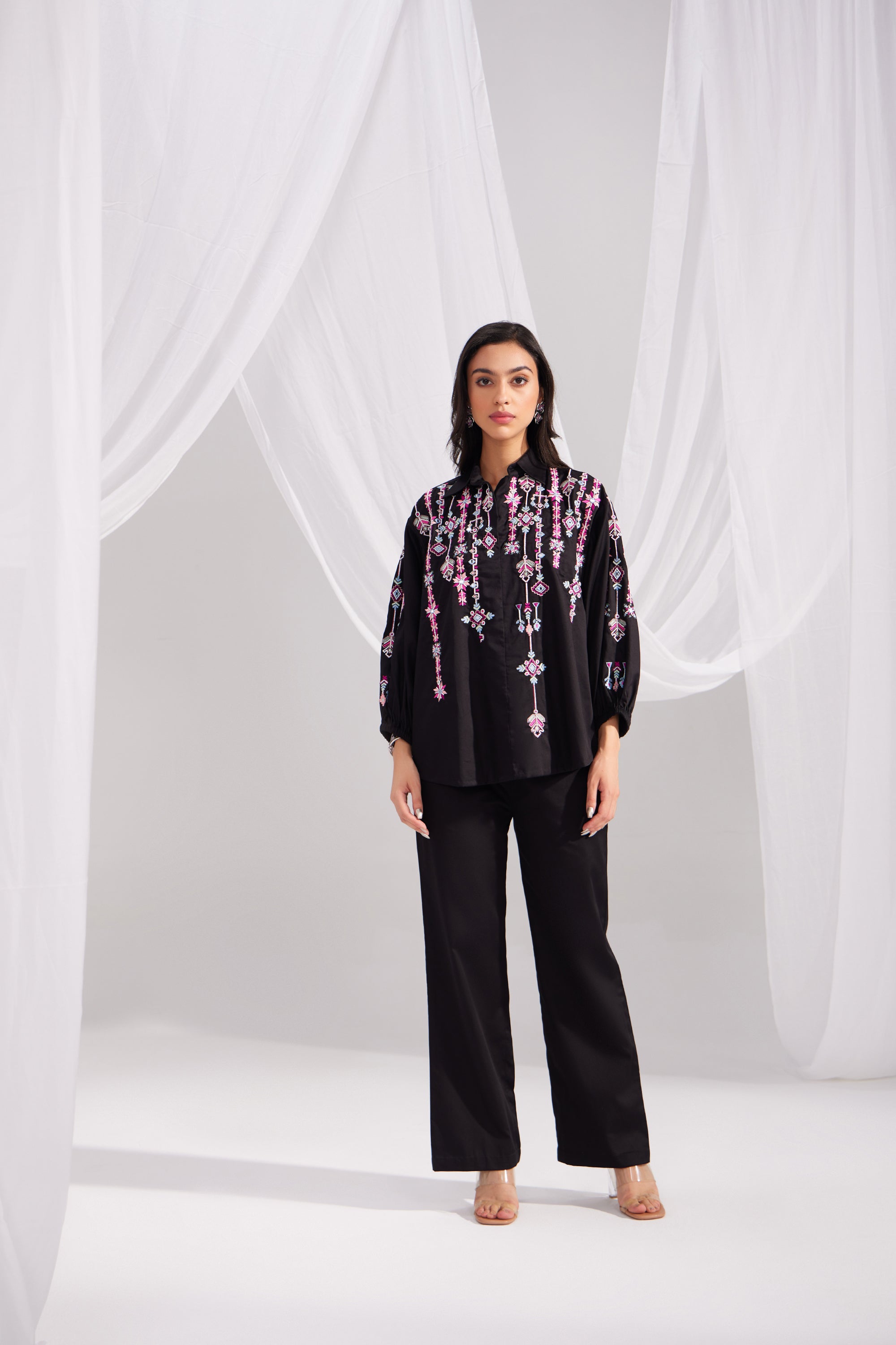 Black Embroidered Artist Shirt & Cotton Satin Straight Pant Set