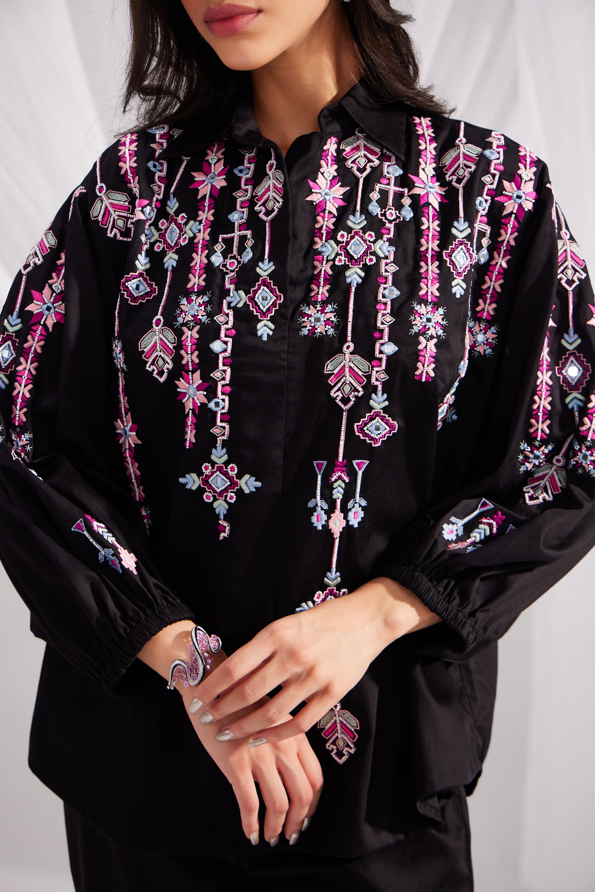 Black Embroidered Artist Shirt & Cotton Satin Straight Pant Set