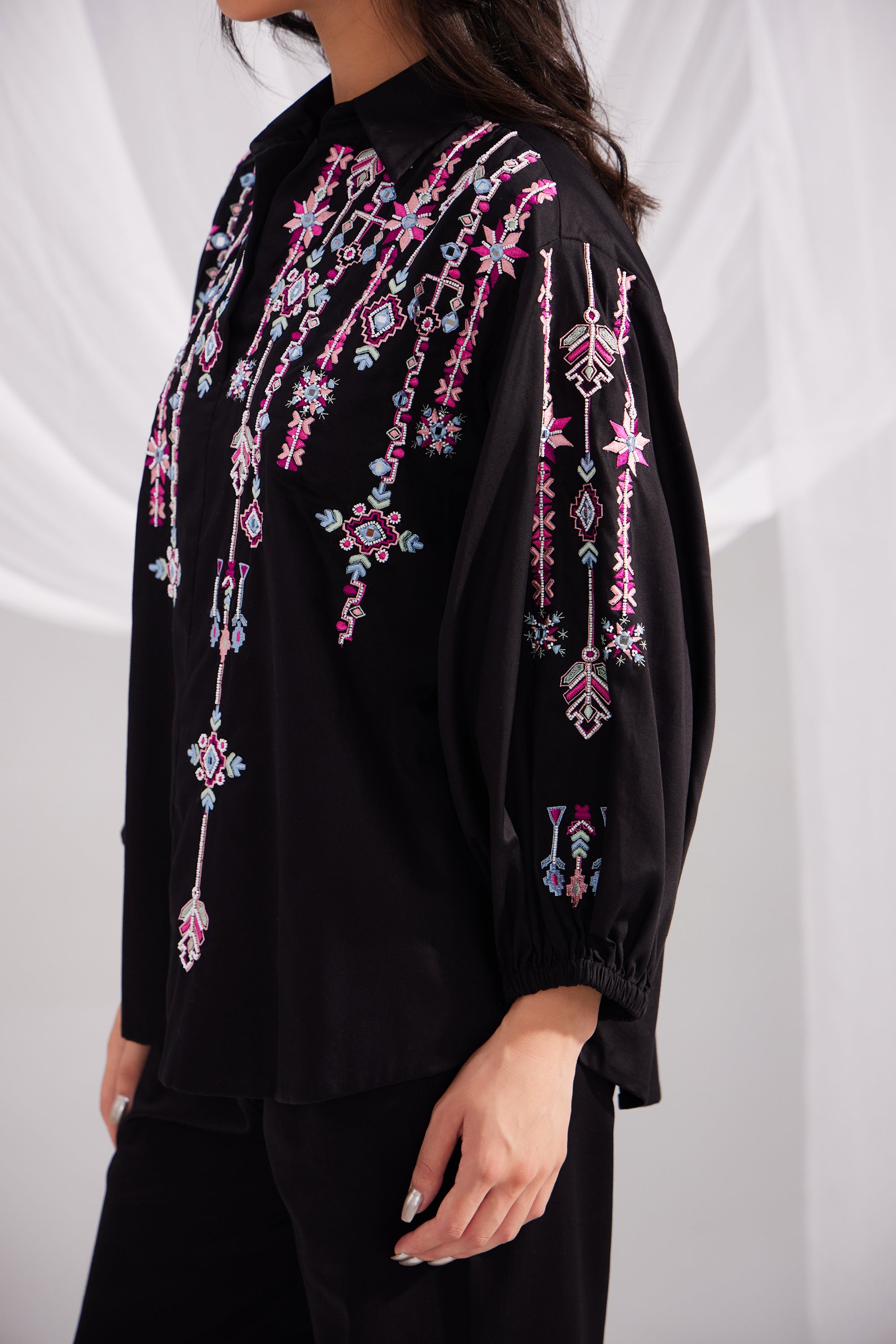 Black Embroidered Artist Shirt & Cotton Satin Straight Pant Set