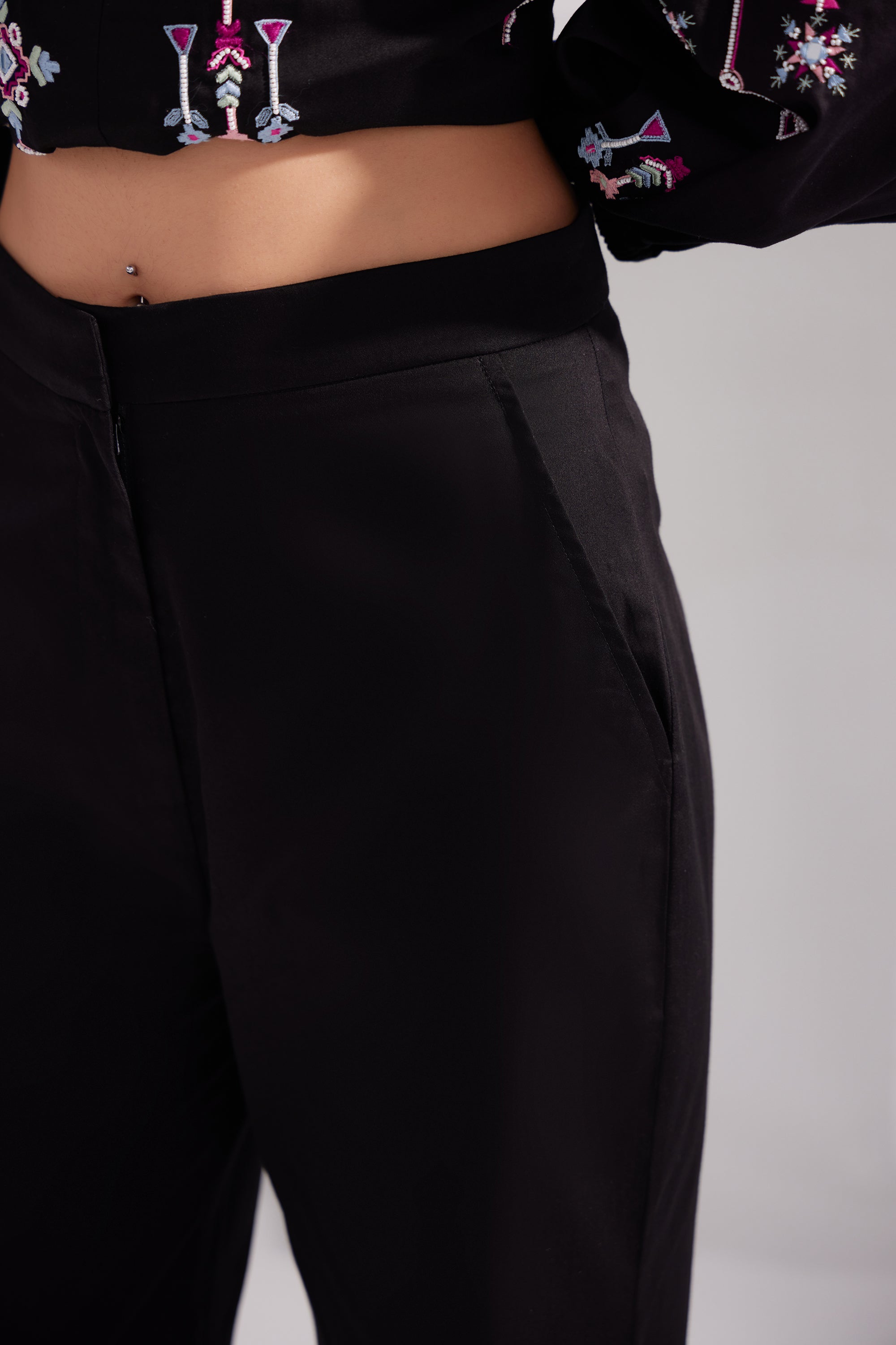 Black Cotton Satin Straight Pants