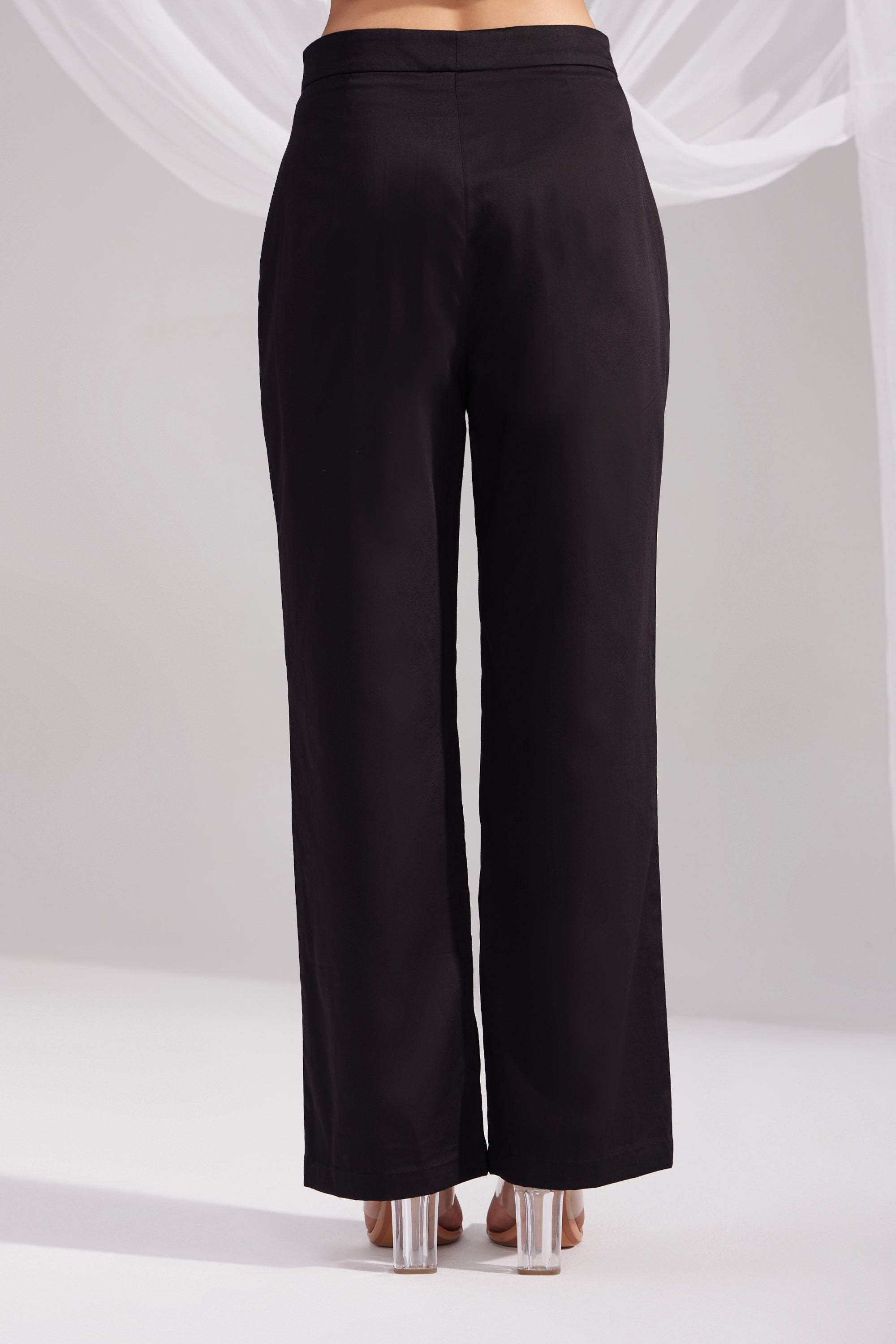 Black Cotton Satin Straight Pants