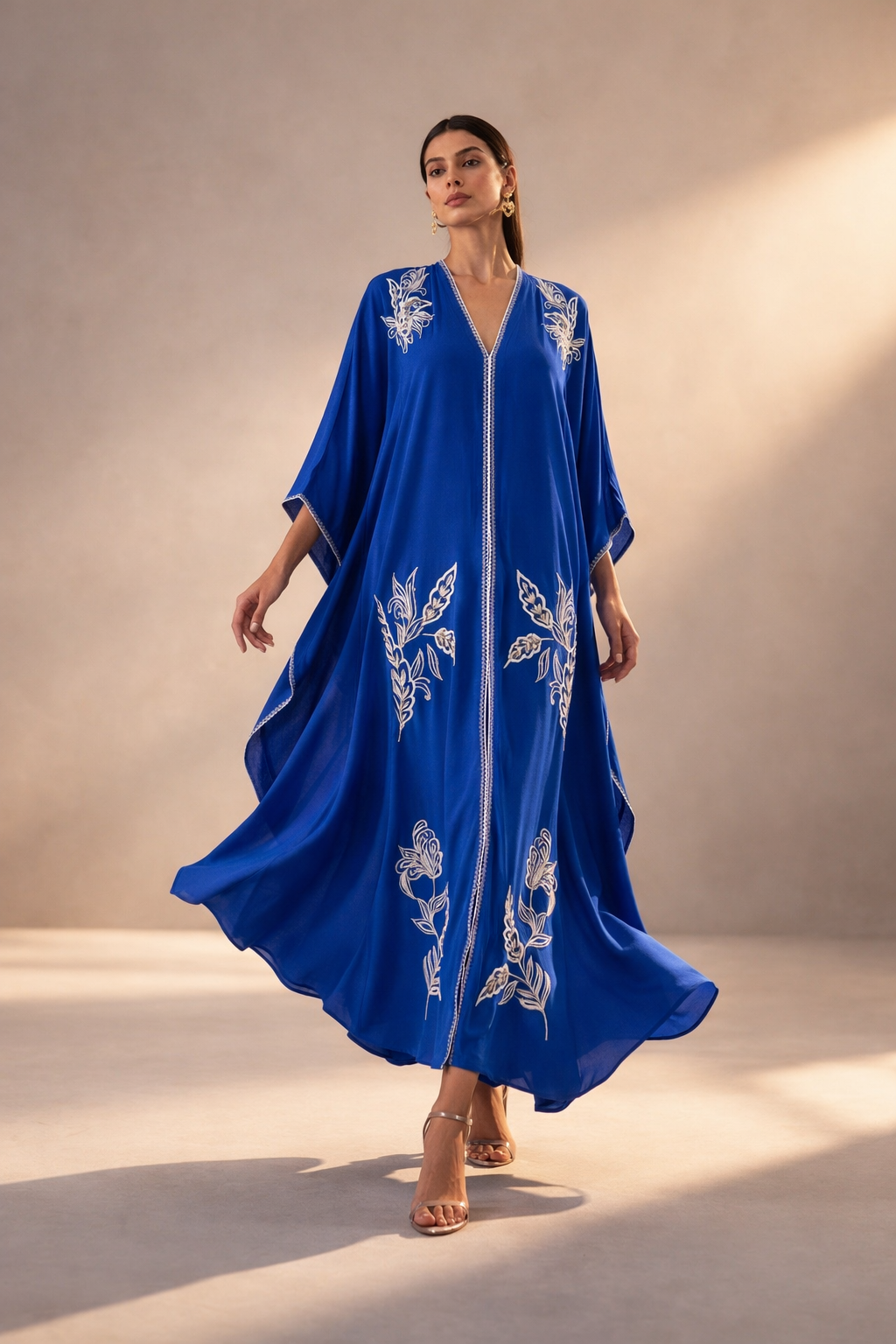 Silk hand emroidered cape sleeve dress