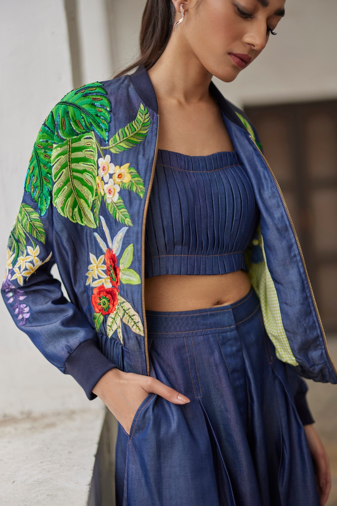 Women Clothing Denim Buda Embroidered Jacket pants bustier