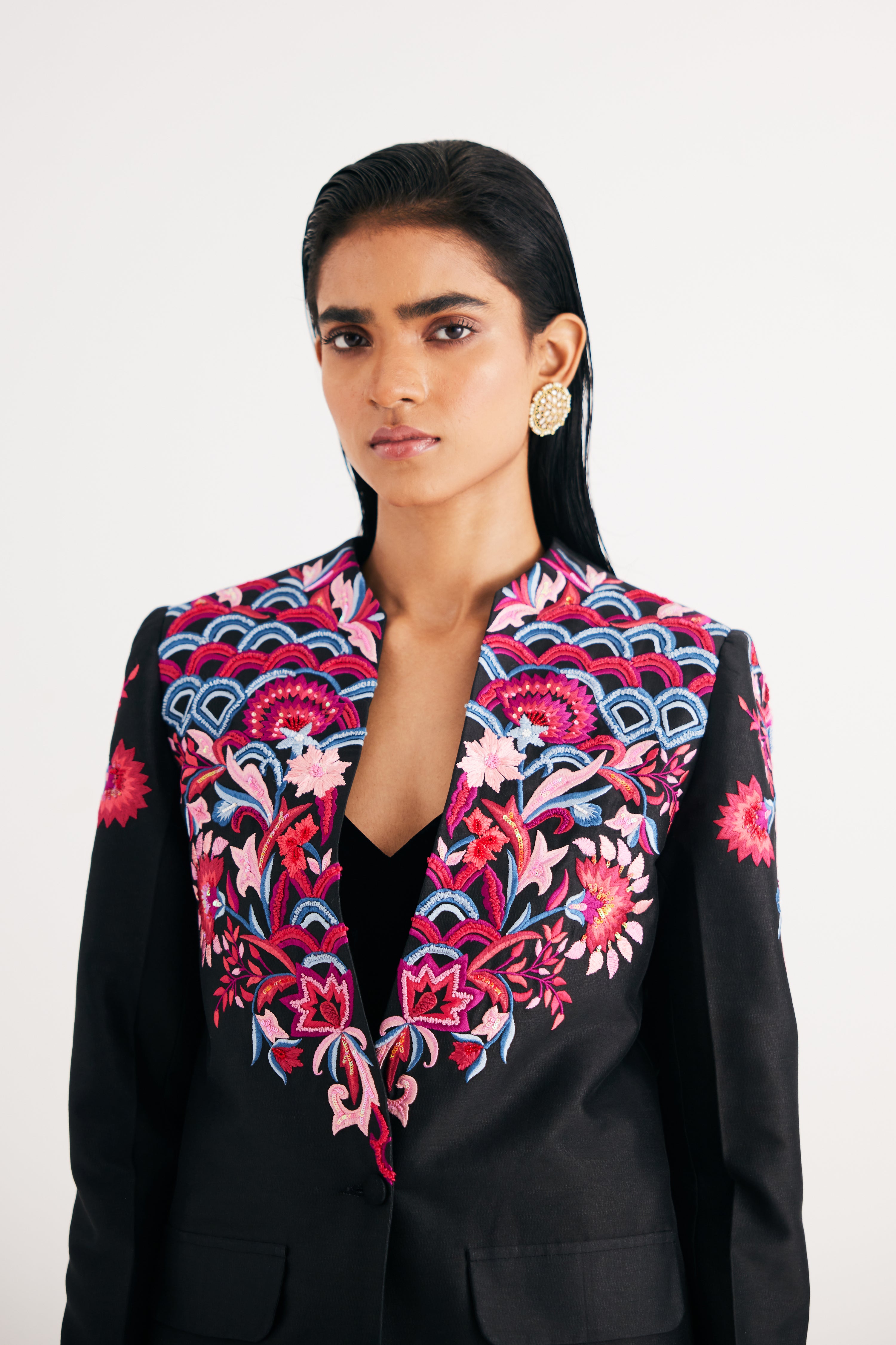 Black Silk Chanderi Floral Embroidered Jacket & Pant Set