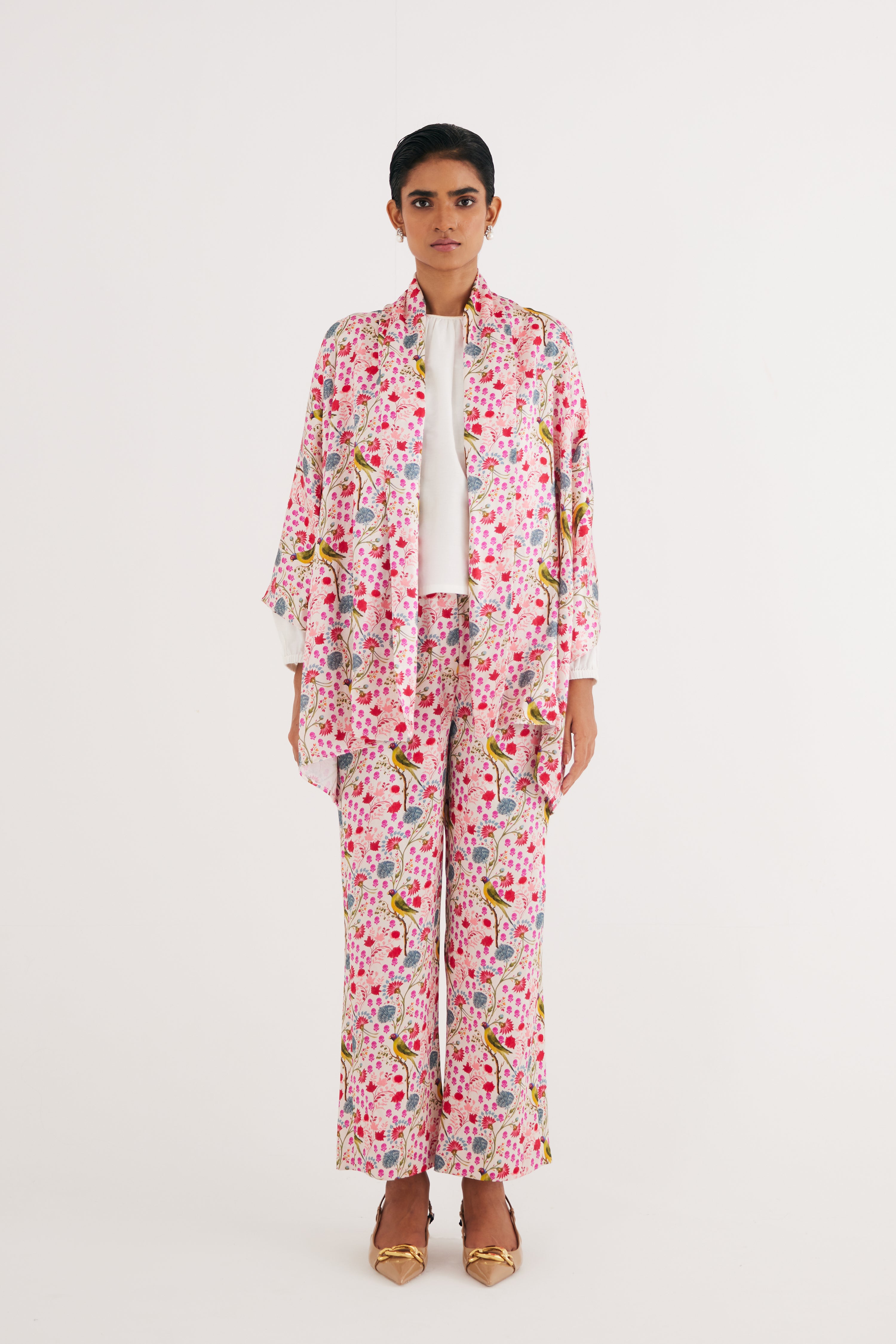 White Parrot Print Mashroo Satin Cape & Pant Set
