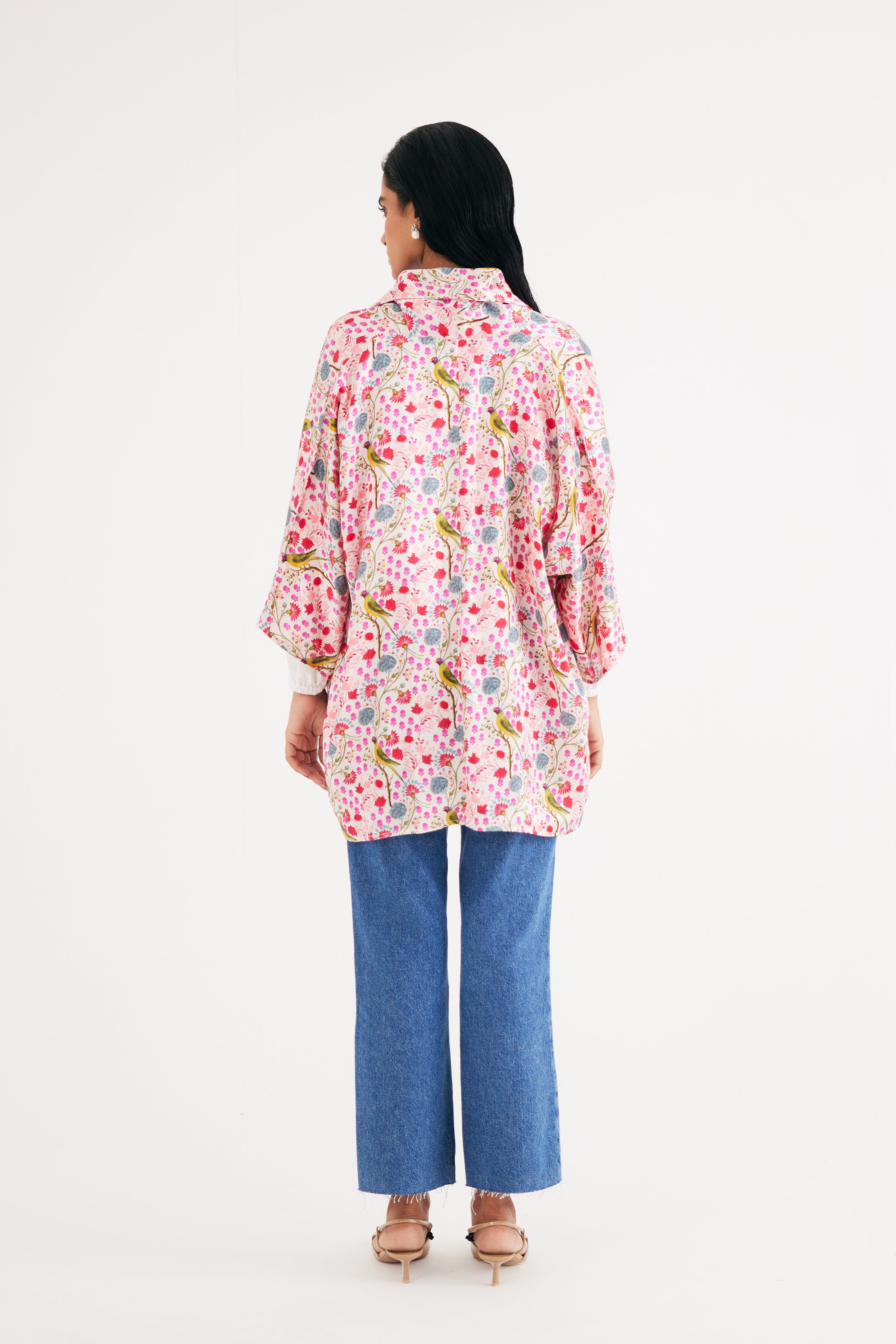 White Parrot Print Mashroo Satin Cape & Pant Set