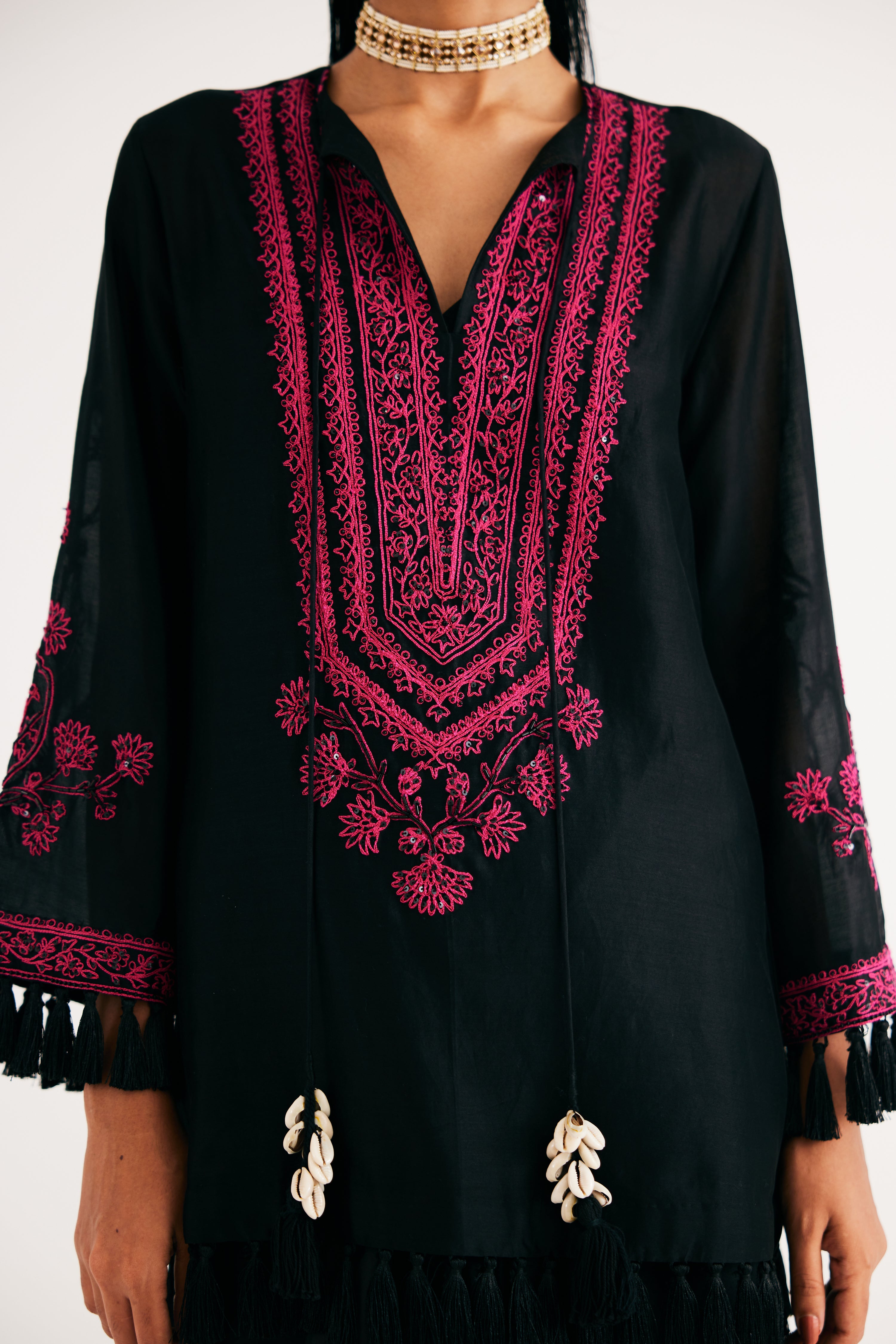 Black Silk Chanderi Embroidered Kurta and Black Mashroo Parrot Print Pant Set