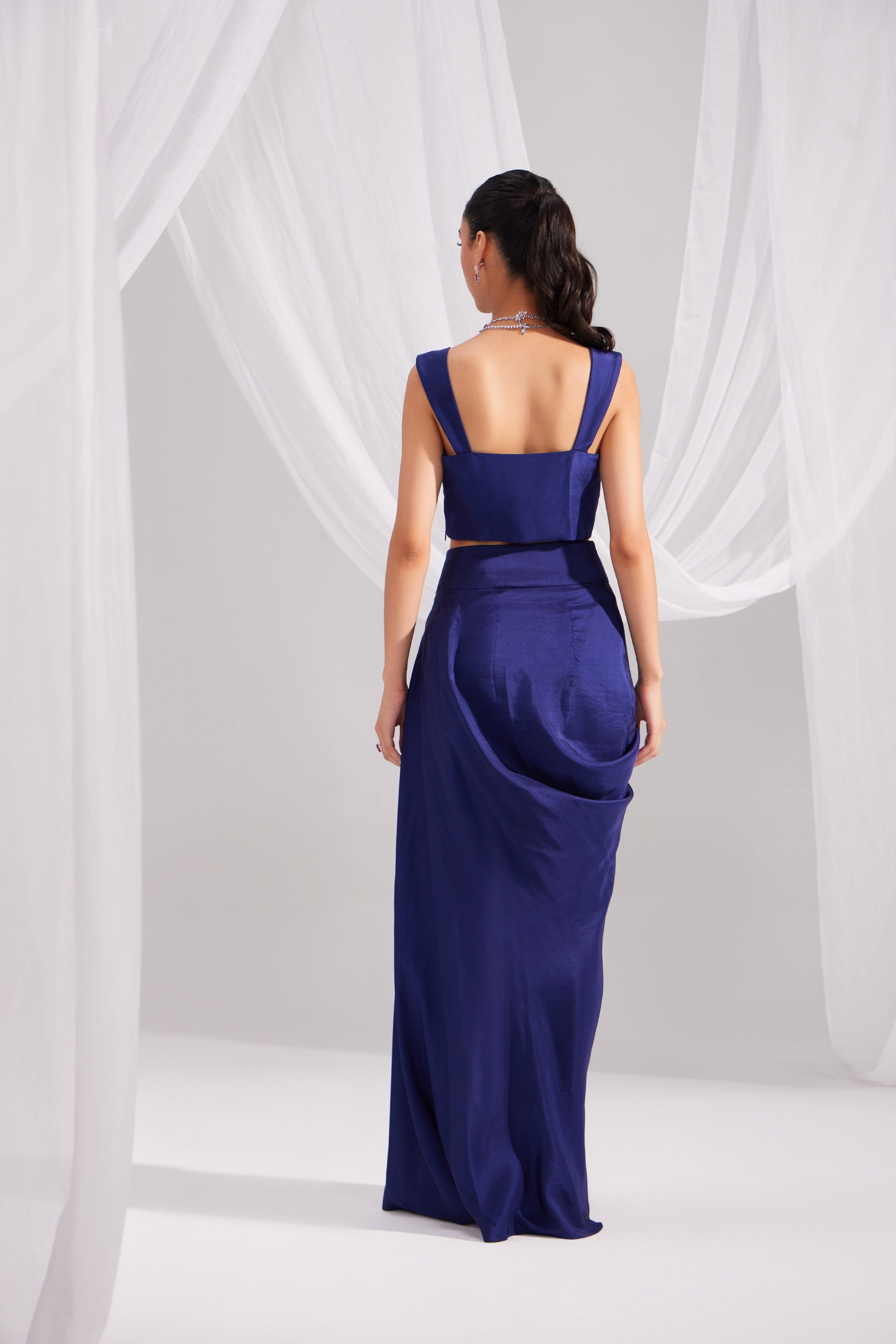 Midnight Blue Silk Bustier & Draped Skirt Set