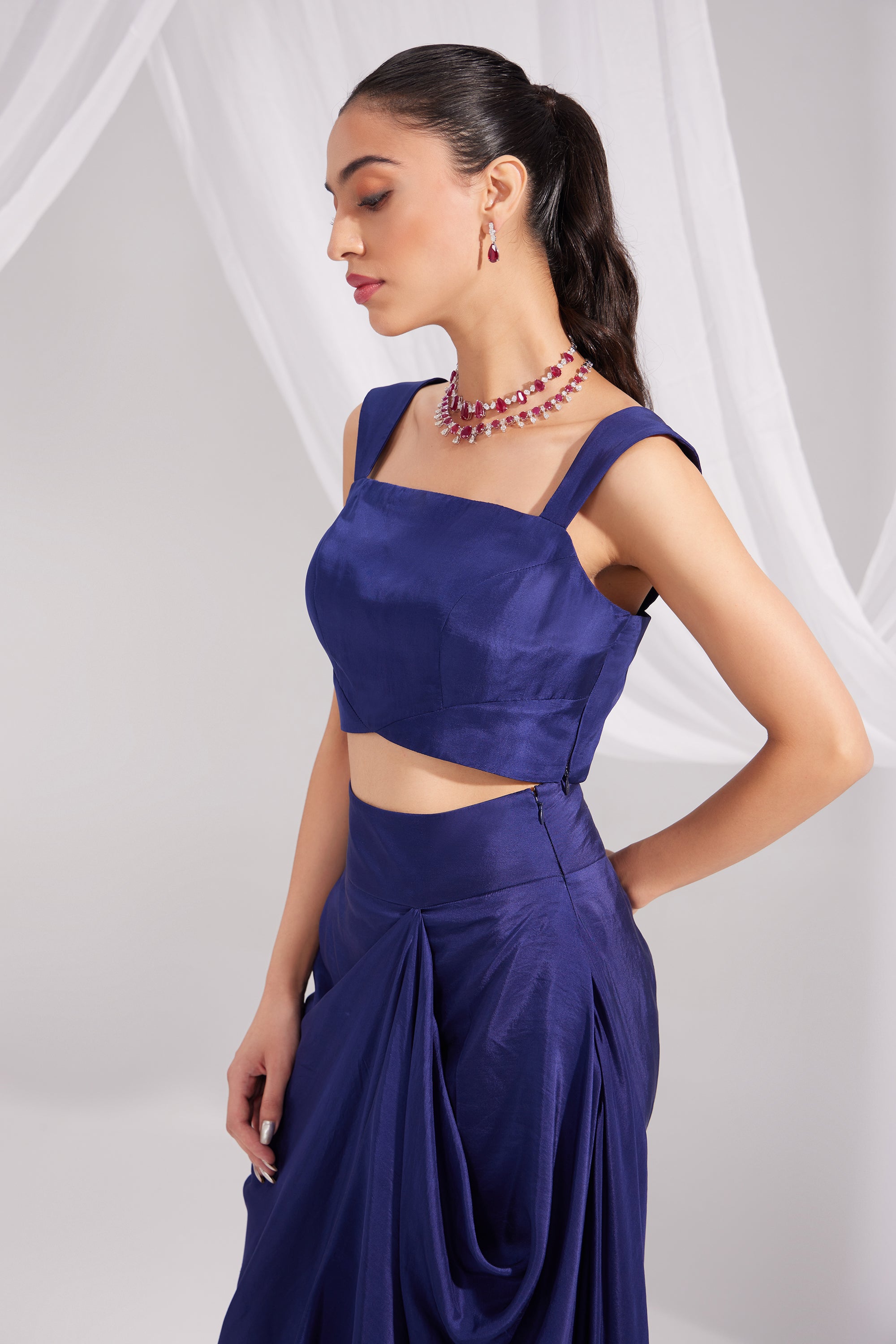 Midnight Blue Silk Bustier & Draped Skirt Set