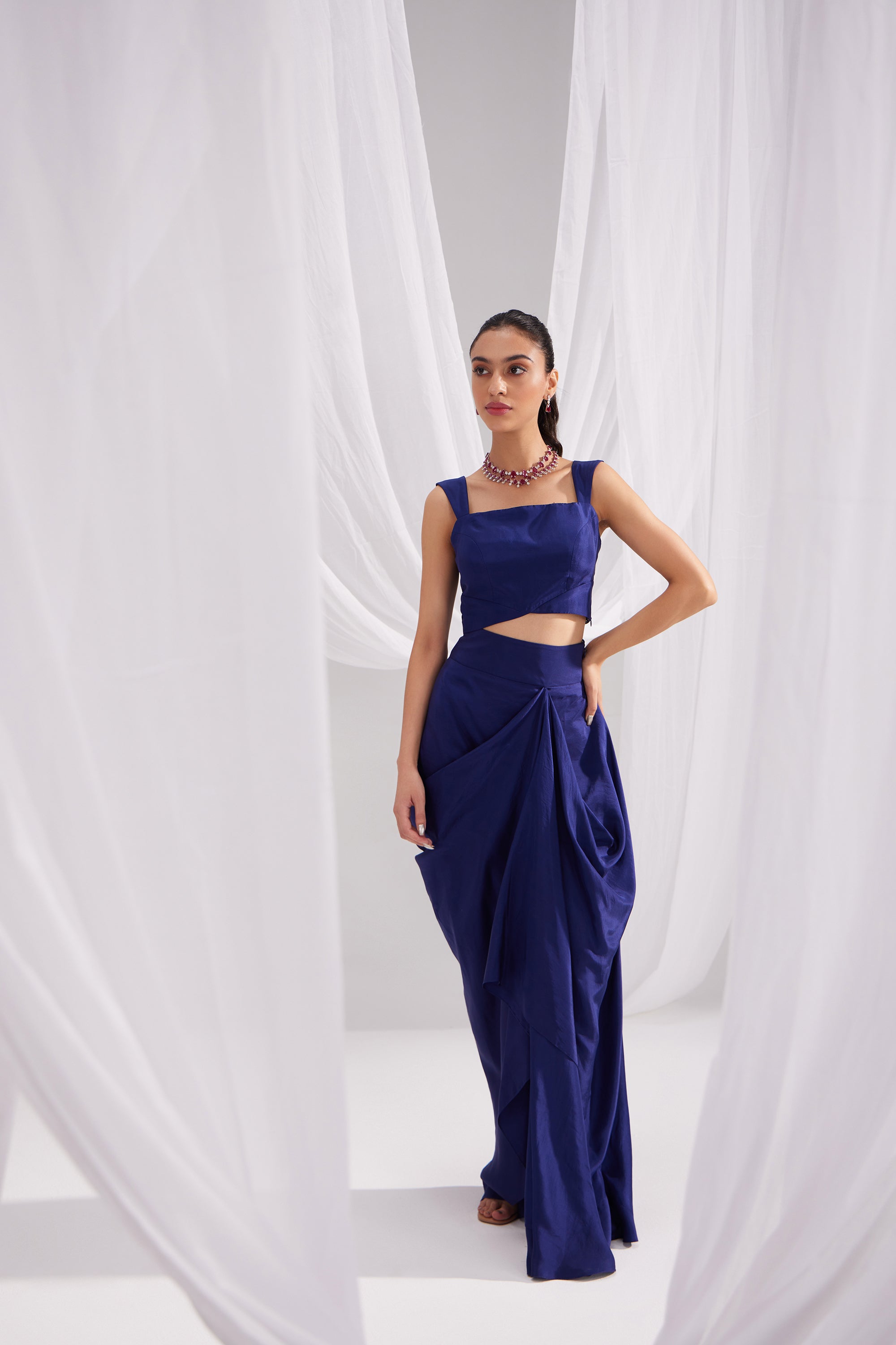 Midnight Blue Silk Bustier & Draped Skirt Set