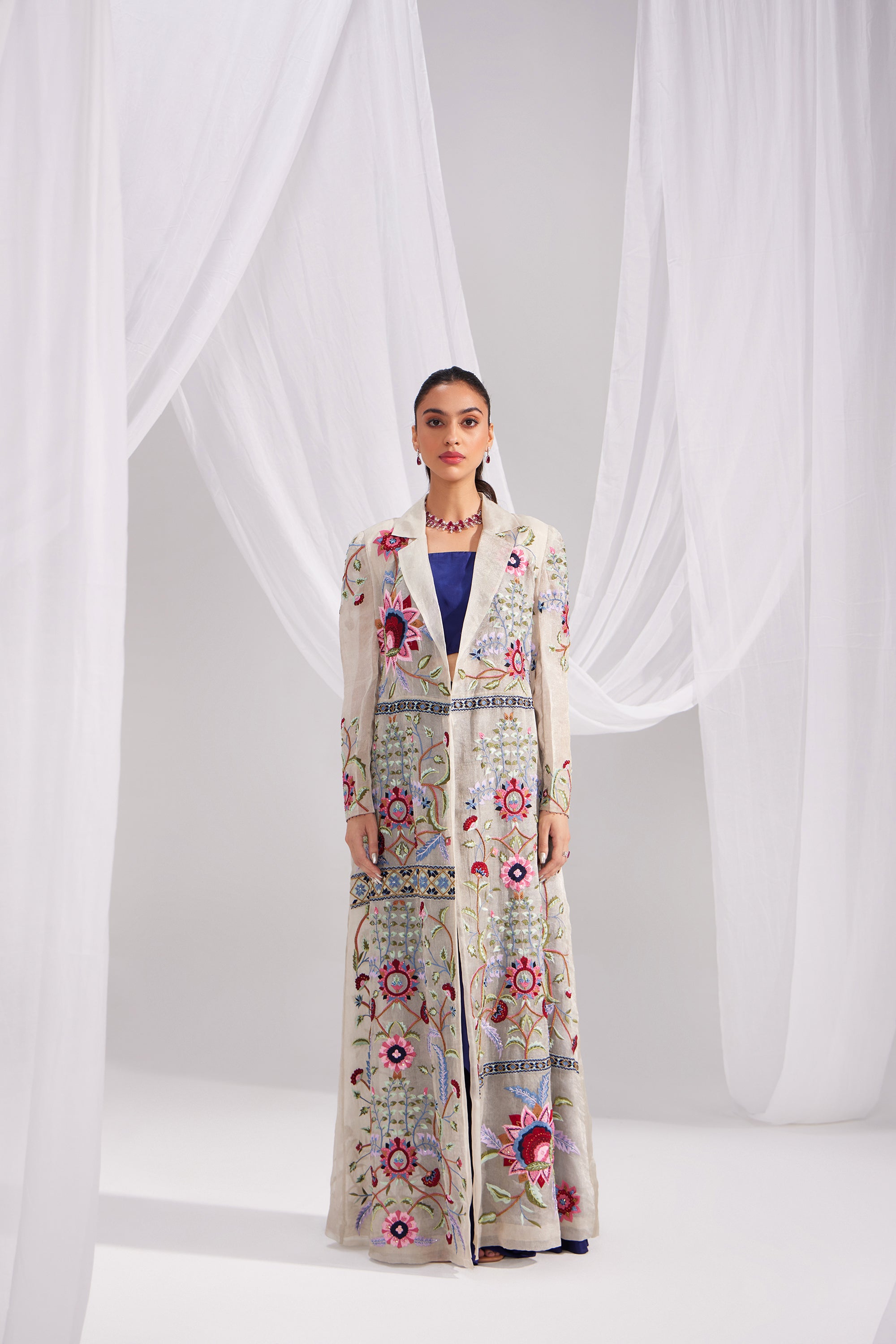Silver Organza Embroidered Jacket & Midnight Blue Silk Skirt Set