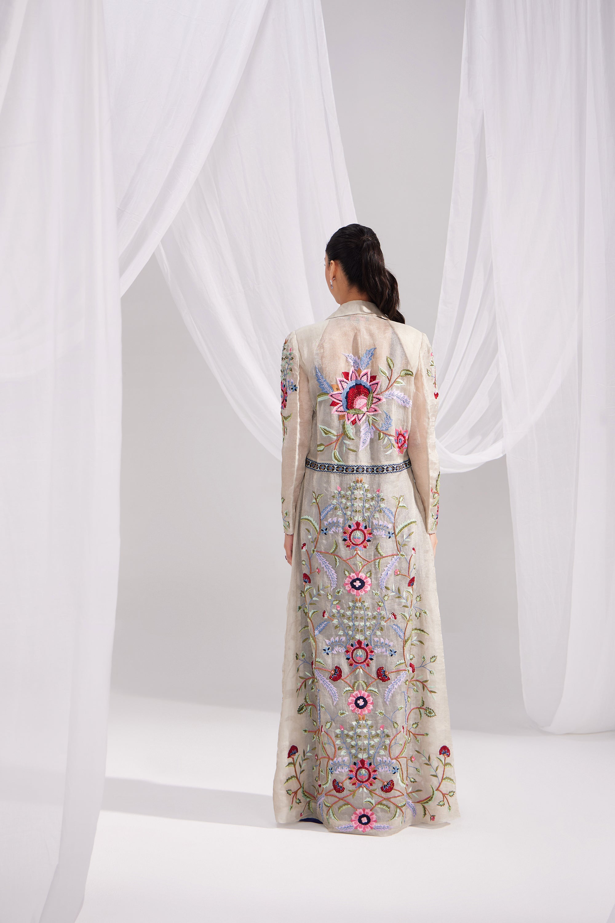 Silver Organza Embroidered Jacket & Midnight Blue Silk Skirt Set