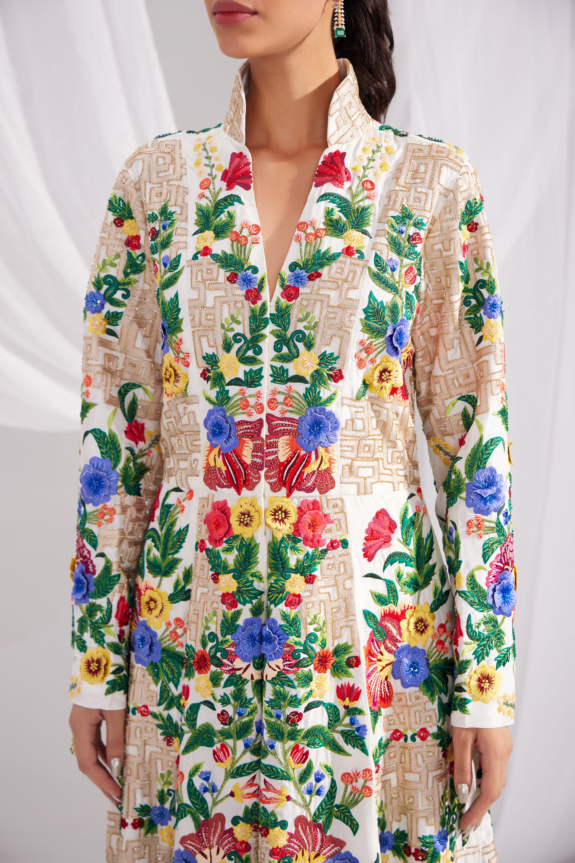White Imperial Long Embroidered Jacket Dress & Pearl White Pure Silk Draped Skirt Set