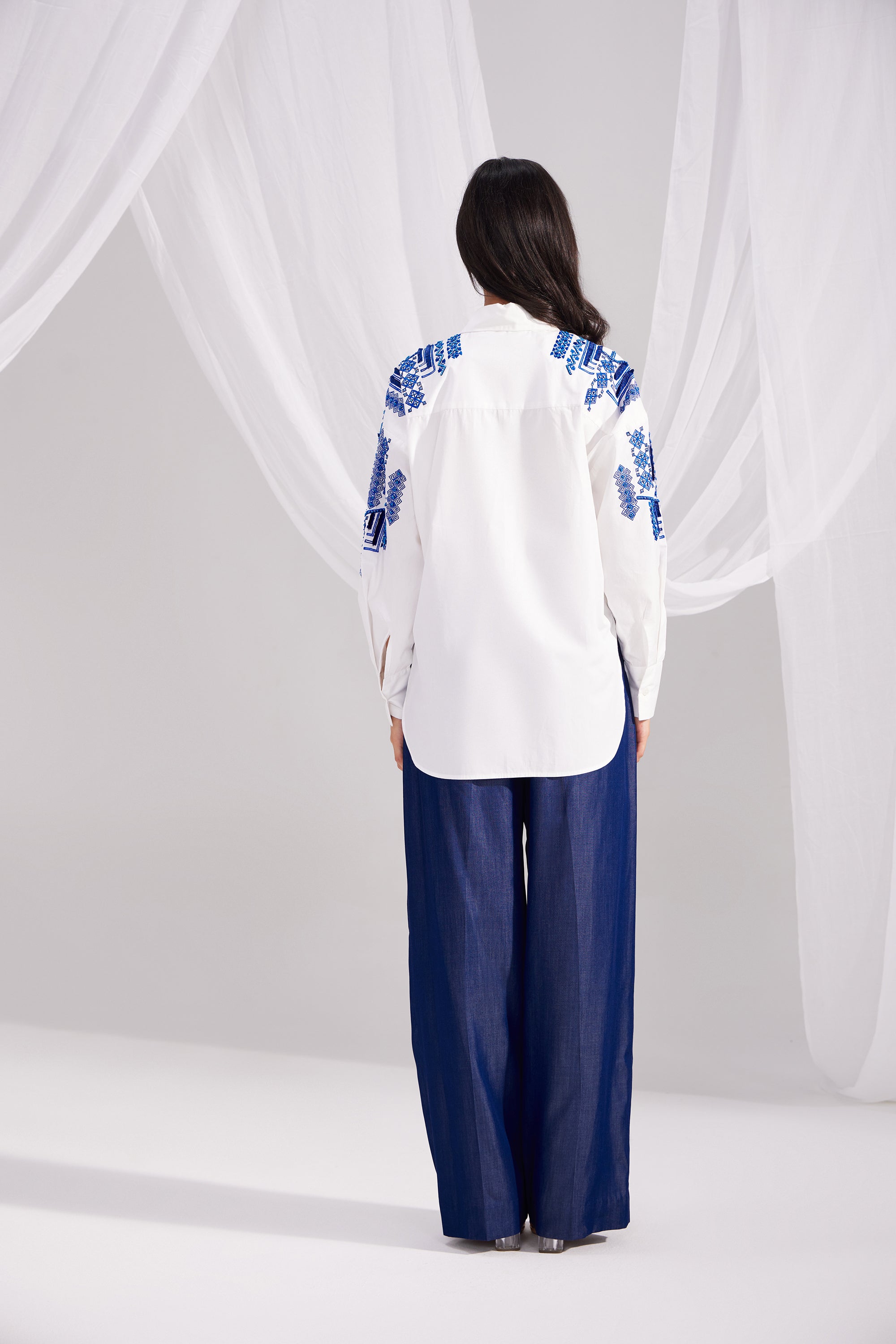White Moroccan Embroidered Shirt & Denim Tencel Straight Everyday Pant Set
