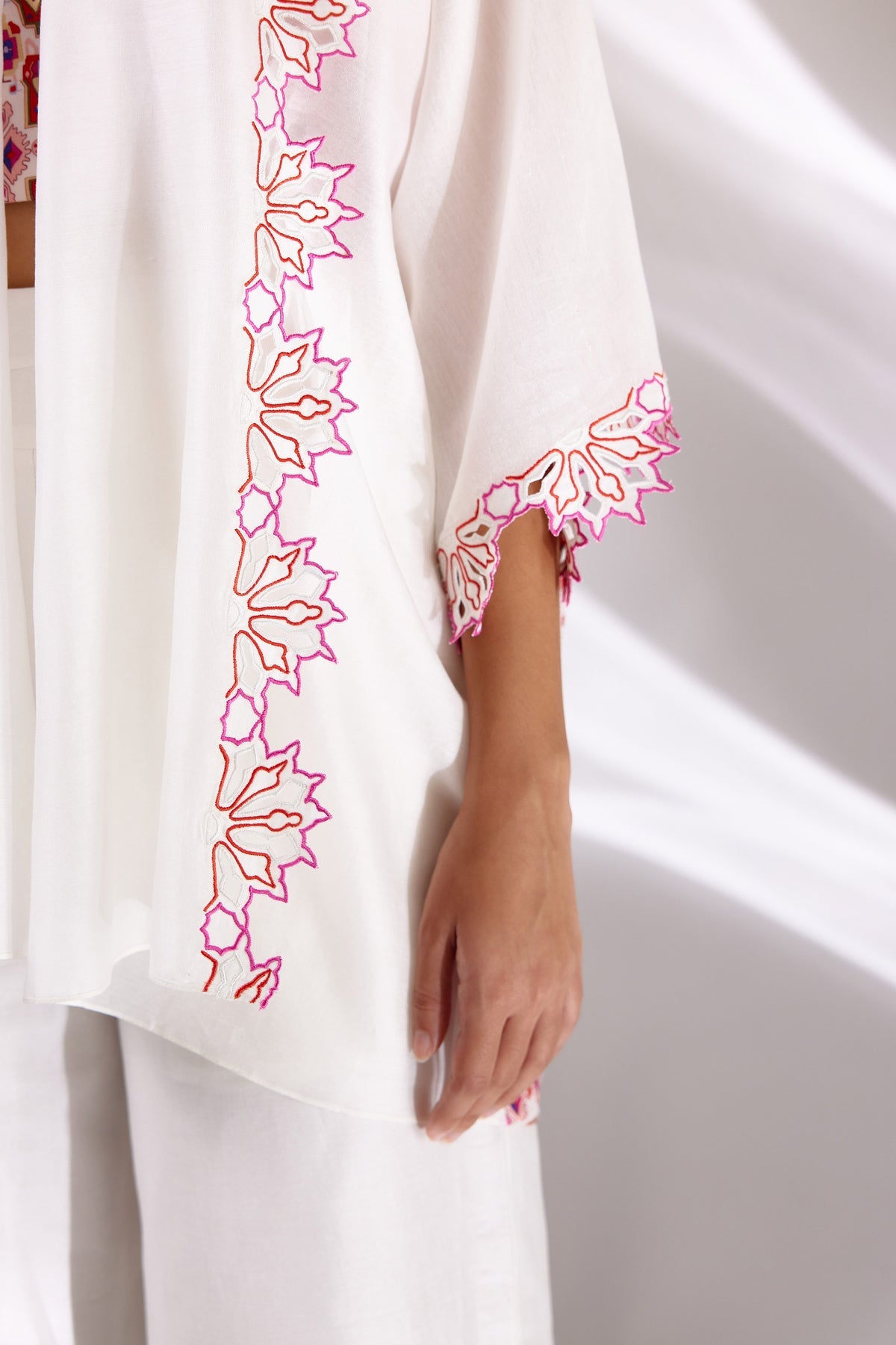 White Chanderi Silk Embroidered Short Cape & Culottes Set