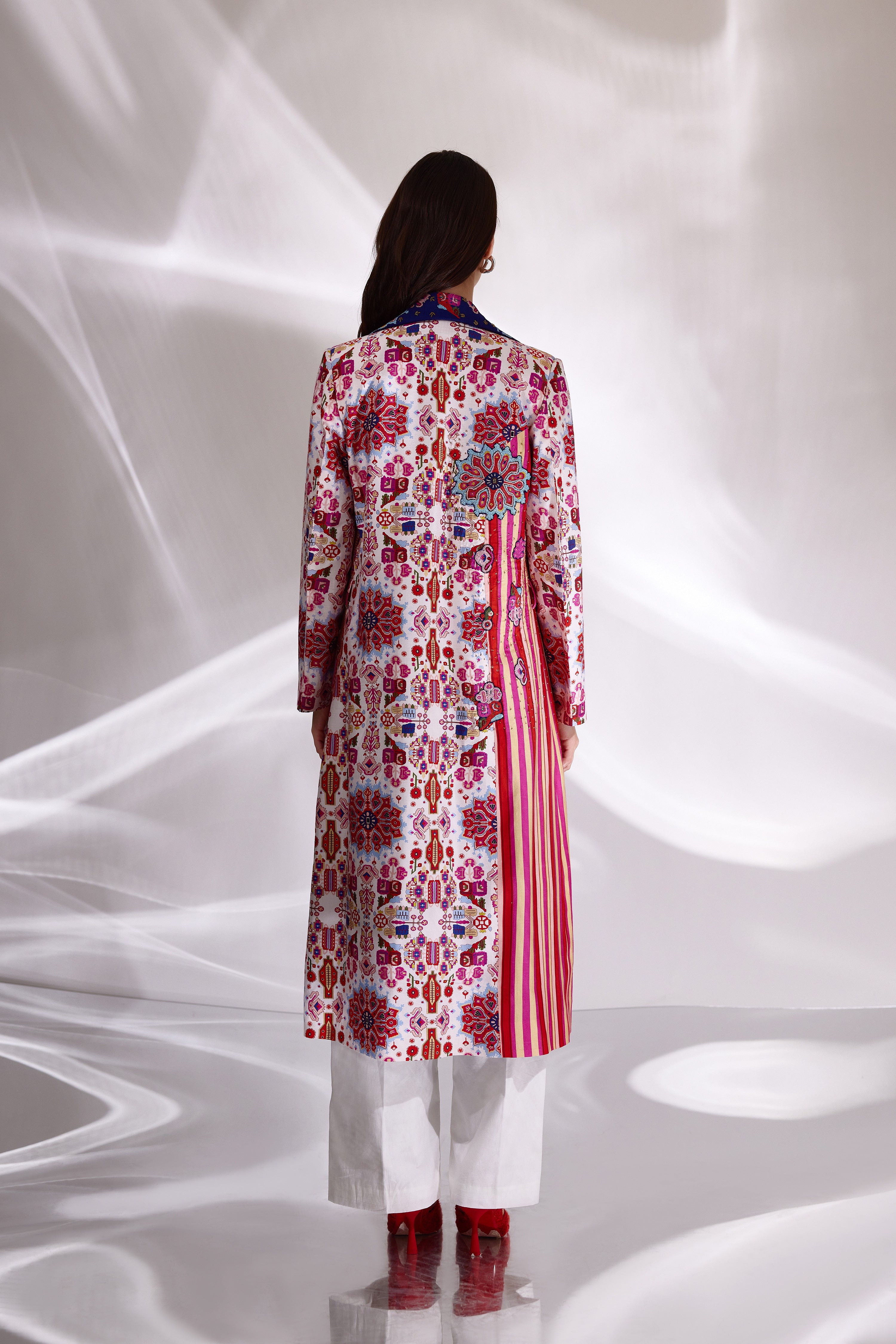 Mix Print Hand Embroidered Long Trench in Handloom Organic Cotton and Banana Silk, BeTrue, Be True
