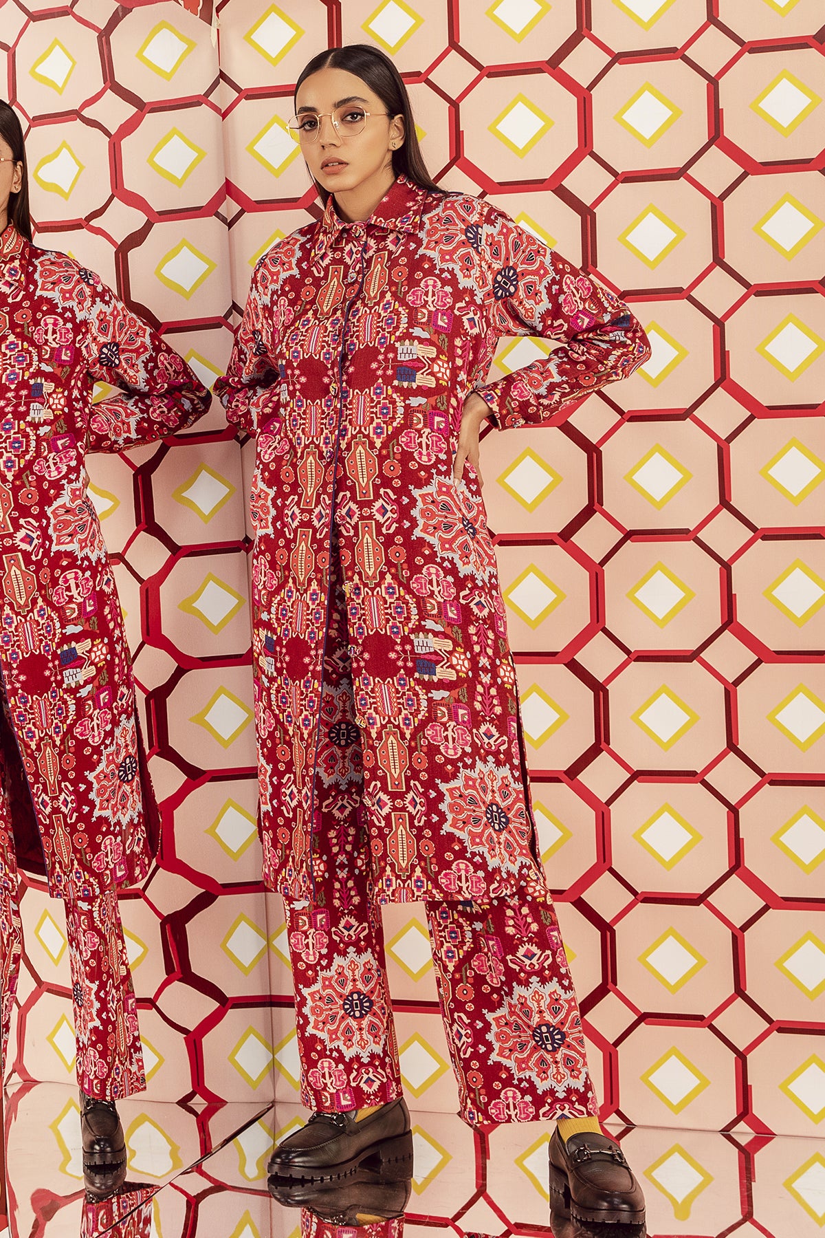 Kashan Red Print Hand Embroidered Long Shirt & Pants in Handloom Organic Herringbone Cotton, BeTrue, Be True