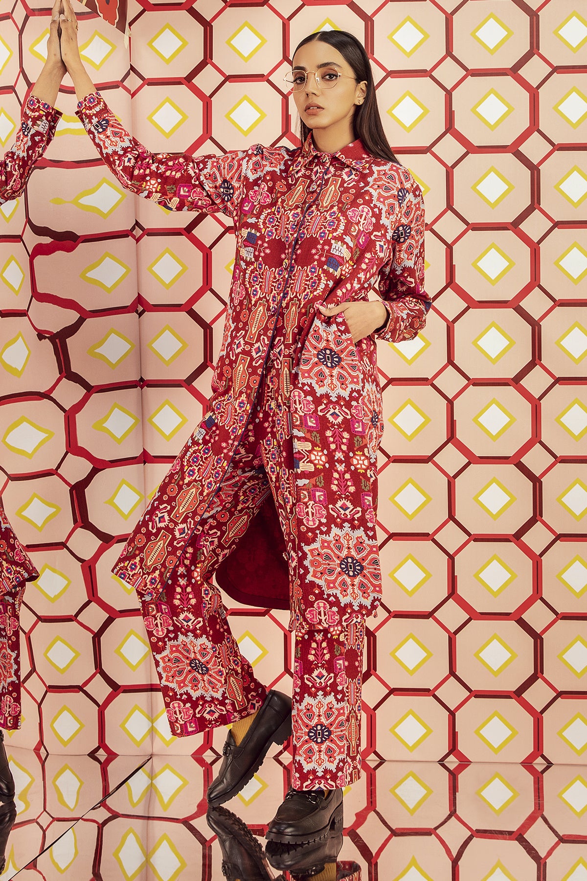 Kashan Red Print Hand Embroidered Long Shirt & Pants in Handloom Organic Herringbone Cotton, BeTrue, Be True