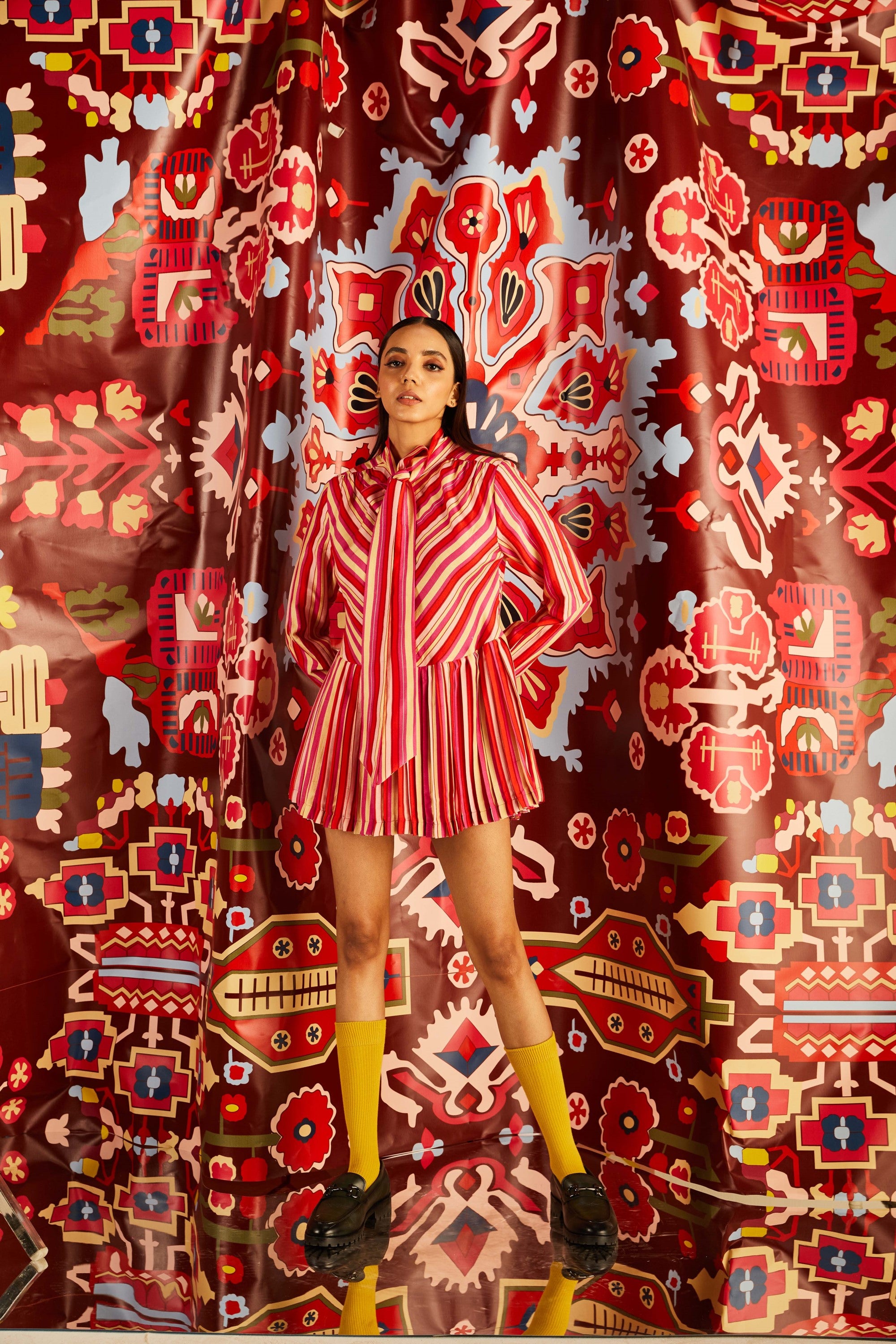Happy Stripes Pleated Mini Dress in Handloom Organic Banana Silk, handloom organic silk fabric, pleated mini dress perfectly teams up with Kashan print classic blazer for the ultimate school girl look, BeTrue, Be True